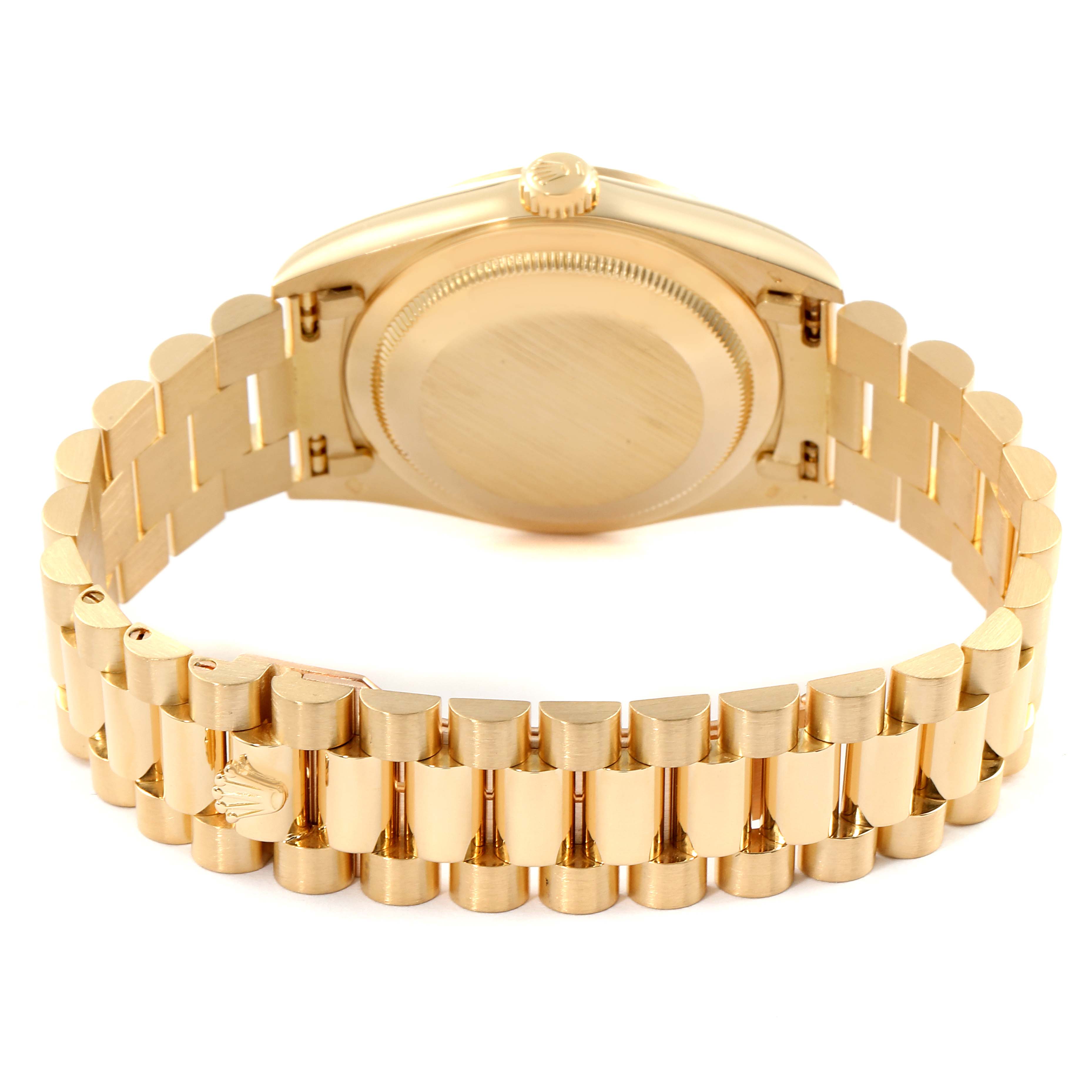 This image shows the back case and bracelet of a Rolex President 18238 Men
s Yellow Gold Champagne Dial 18238 Men
s Yellow Gold Champagne Dial model watch from a rear angle.