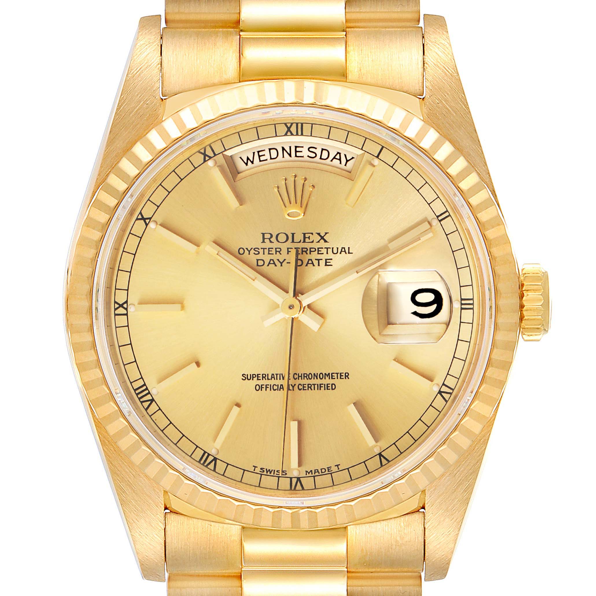 This image shows the front view of a Rolex President 18238 Men
s Yellow Gold Champagne Dial 18238 Men
s Yellow Gold Champagne Dial model, displaying the dial, day, date, and part of the bracelet.