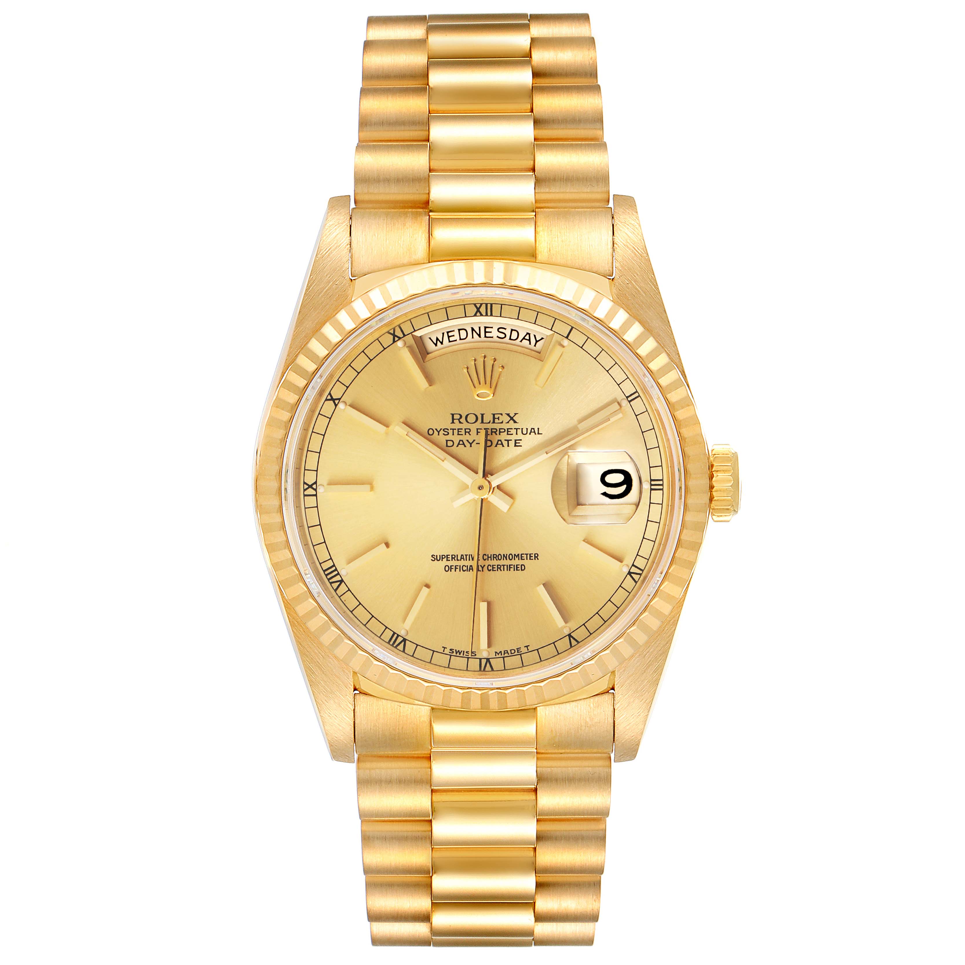 The image shows a Rolex President 18238 Men
s Yellow Gold Champagne Dial 18238 Men
s Yellow Gold Champagne Dial watch model, featuring the dial, bezel, bracelet, and crown from a frontal angle.