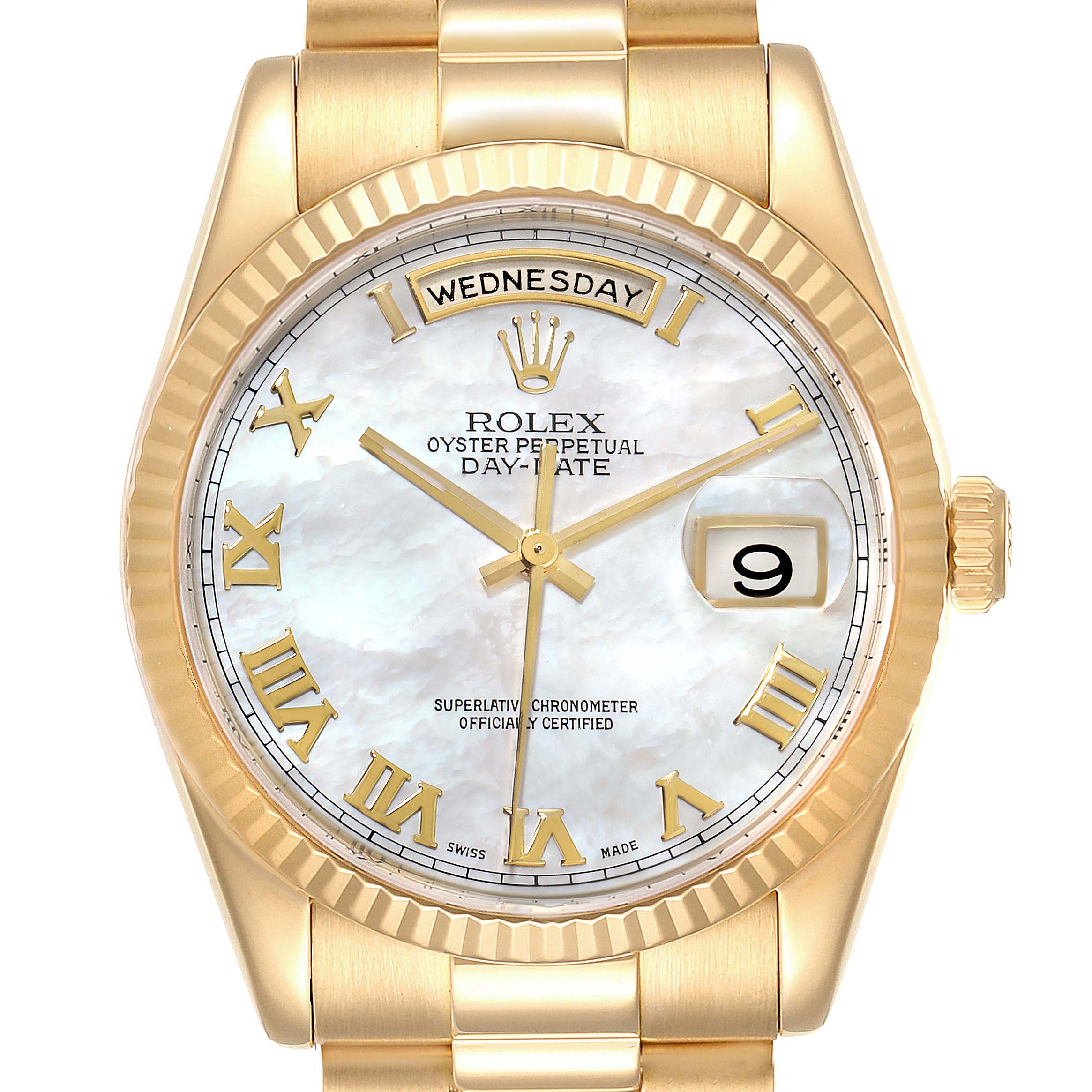The image shows a front view of the Rolex President 118238 Men's Yellow Gold Mother of Pearl Dial 118238 Men's Yellow Gold Mother of Pearl Dial Day-Date watch, highlighting the bezel, dial, hands, and bracelet.
