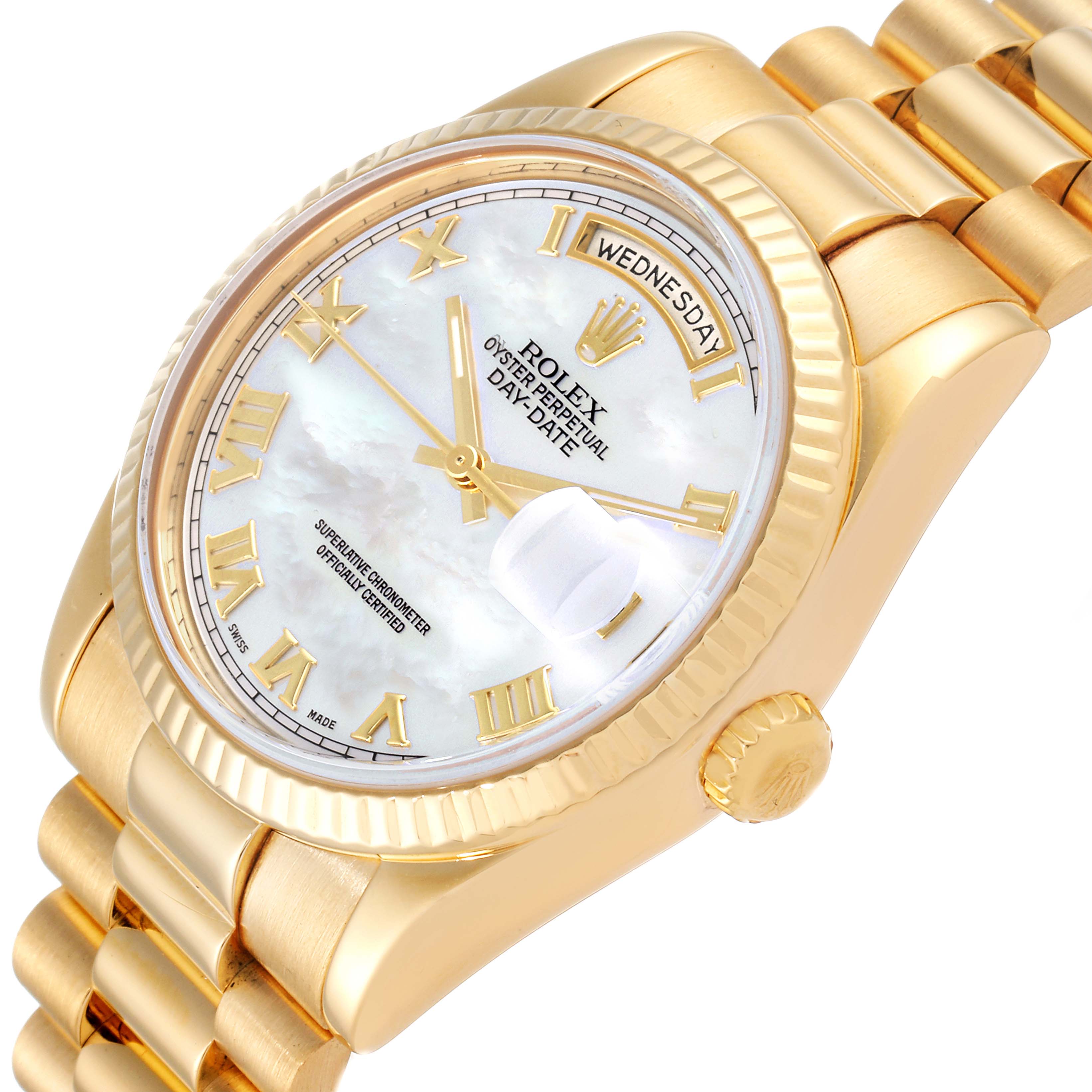 The image shows a Rolex President 118238 Men's Yellow Gold Mother of Pearl Dial 118238 Men's Yellow Gold Mother of Pearl Dial Day-Date watch with a gold bracelet, viewed at an angle emphasizing the dial and the day display.