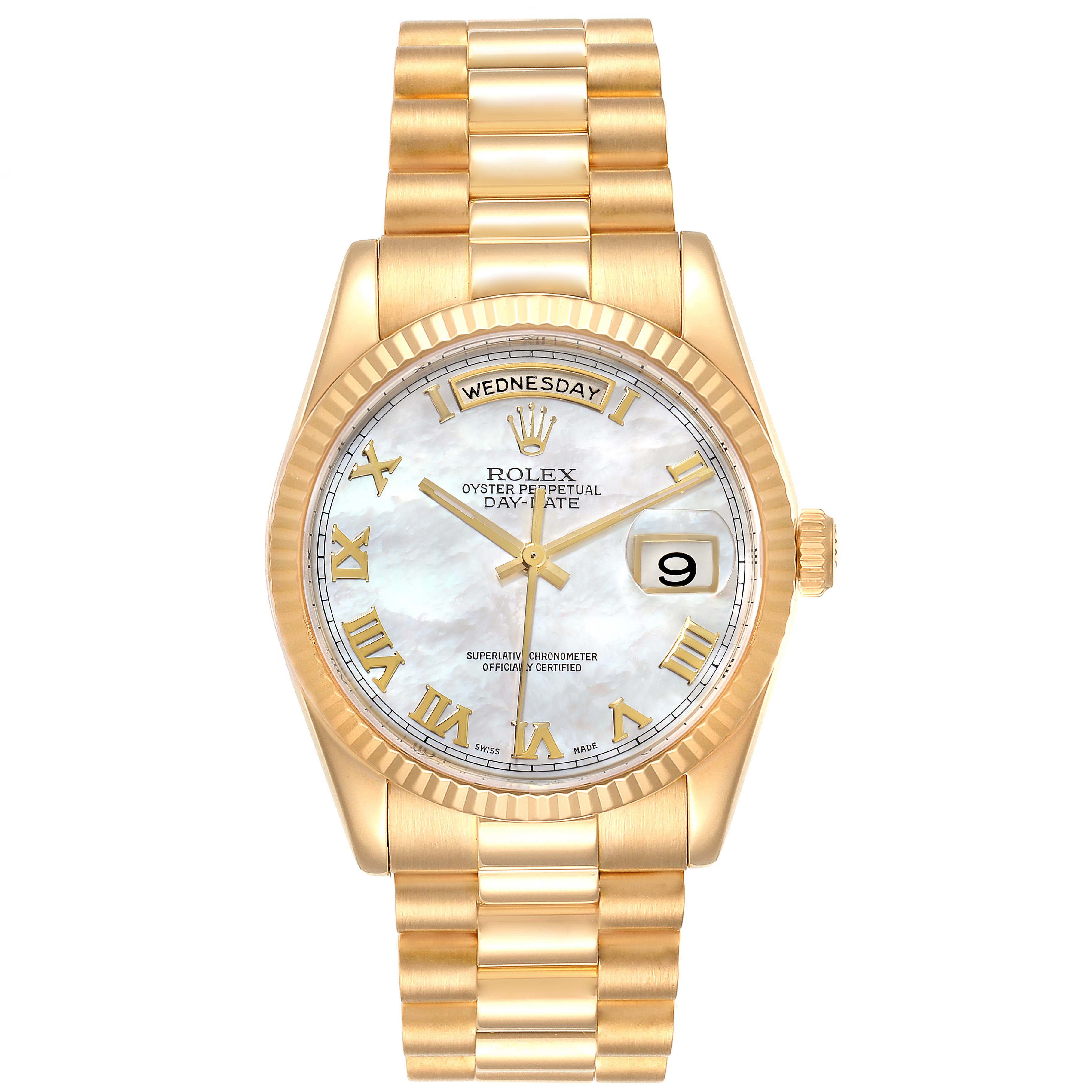 This image shows a full front view of the Rolex President 118238 Men's Yellow Gold Mother of Pearl Dial 118238 Men's Yellow Gold Mother of Pearl Dial model watch, displaying the dial, bracelet, bezel, and crown.