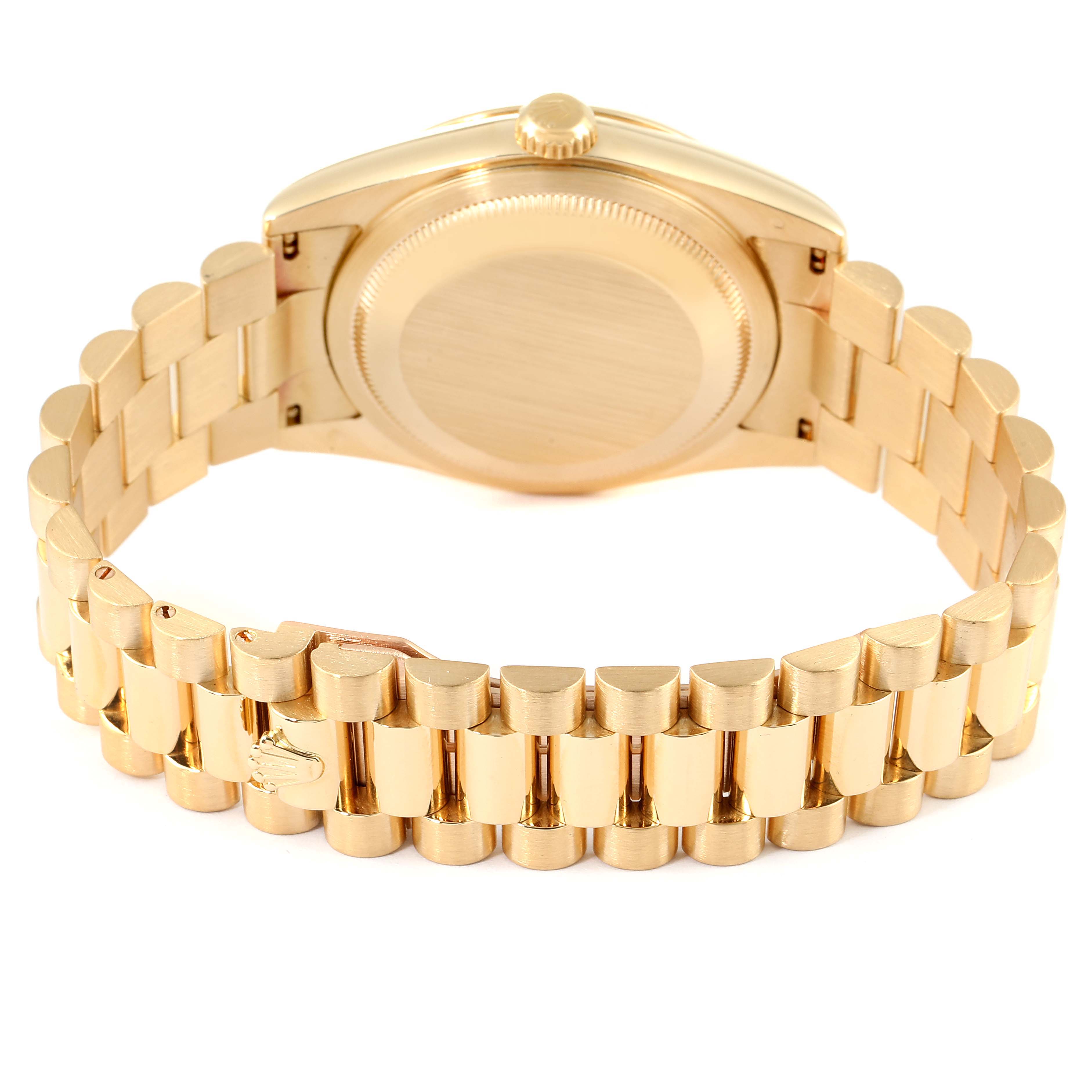 This image shows the back and bracelet of a Rolex President 118238 Men's Yellow Gold Mother of Pearl Dial 118238 Men's Yellow Gold Mother of Pearl Dial model watch, highlighting its gold case and band.