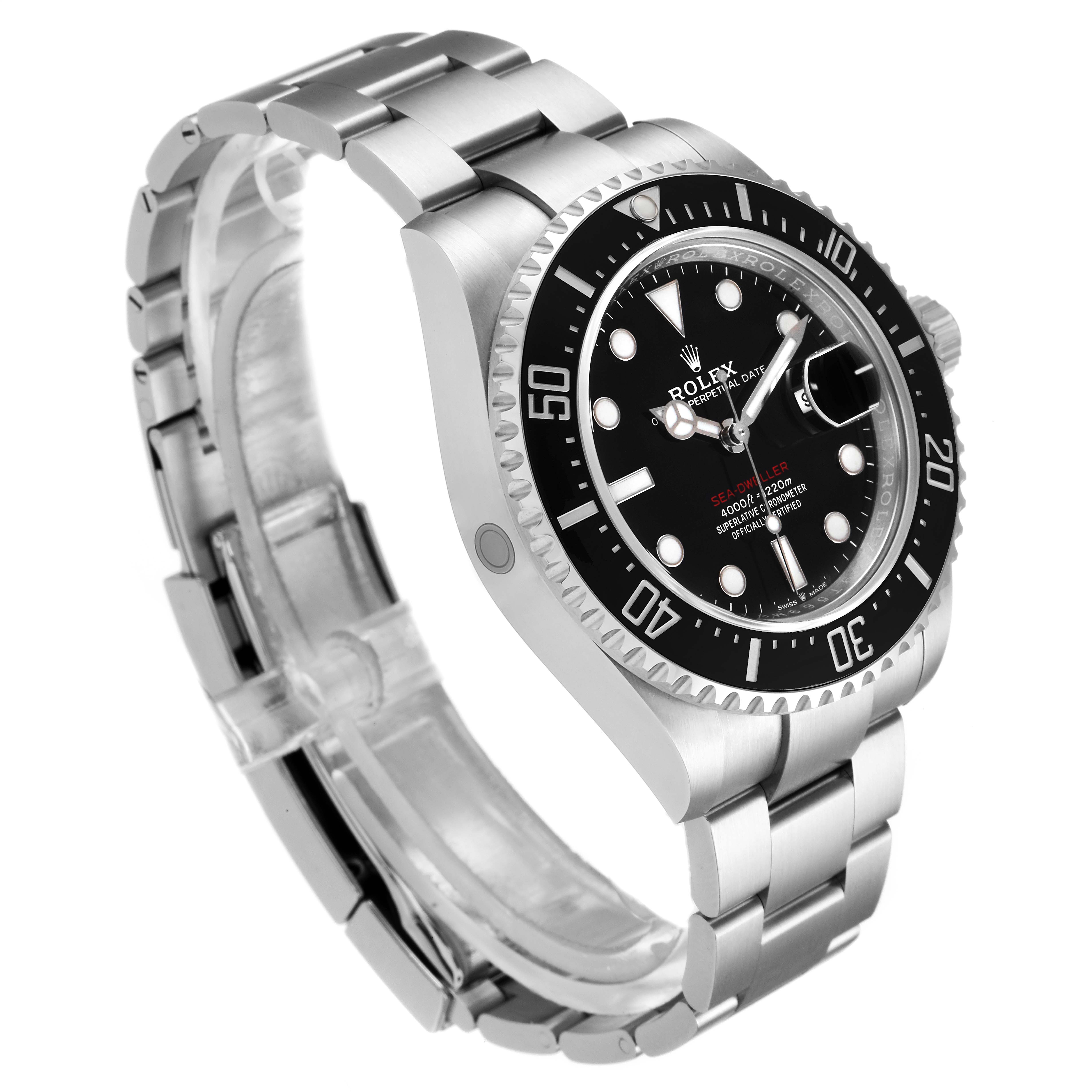 This image shows a side-angle view of a Rolex Sea-Dweller 126600 Men
s Stainless Steel Black Dial 126600 Men
s Stainless Steel Black Dial watch highlighting the watch face, bezel, and bracelet.