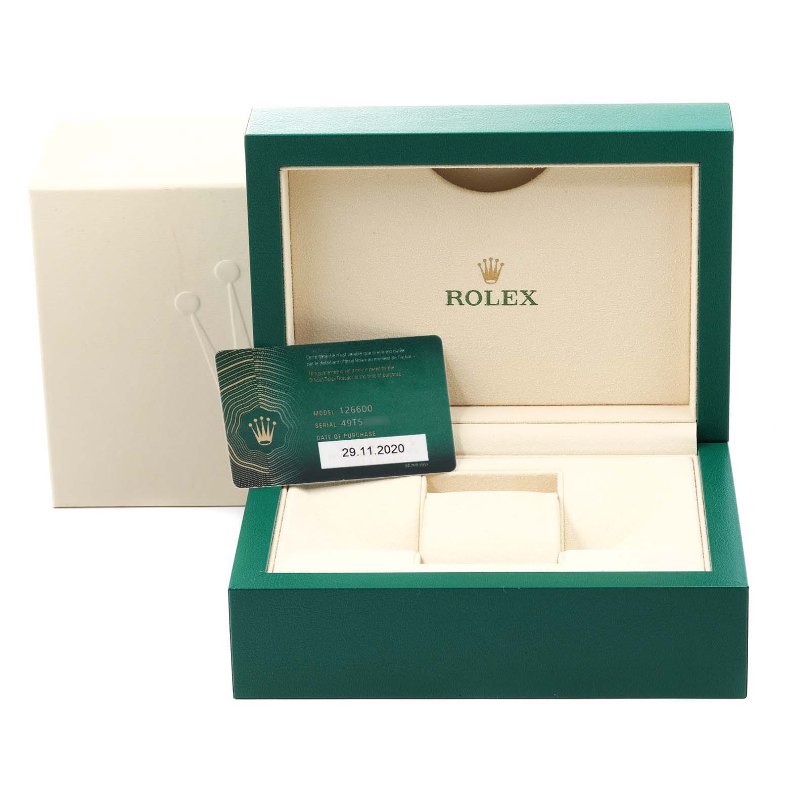 The image shows a Rolex Sea-Dweller 126600 Men
s Stainless Steel Black Dial 126600 Men
s Stainless Steel Black Dial watch box with a warranty card and cushion, viewed from the front.