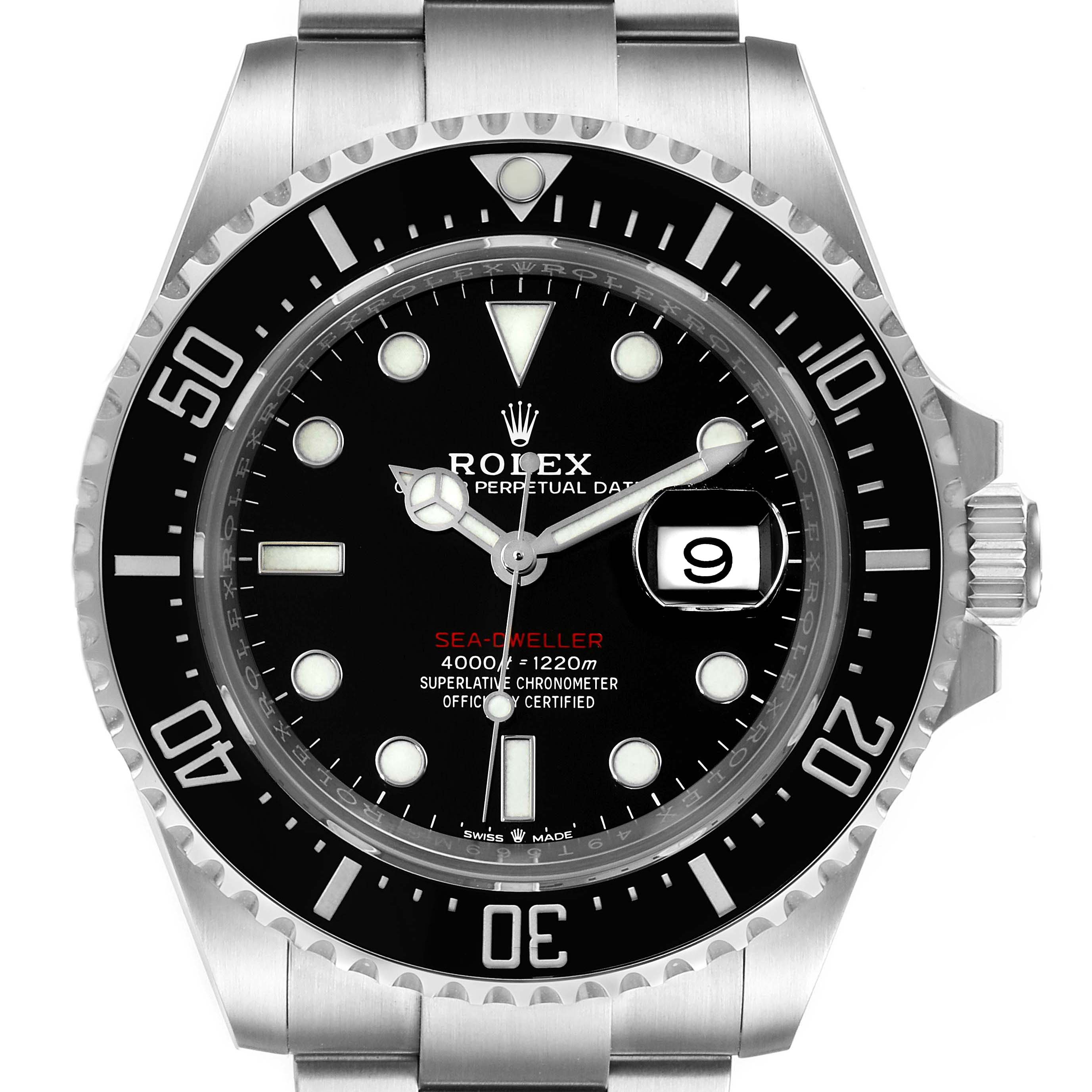 This image displays a front view of the Rolex Sea-Dweller 126600 Men
s Stainless Steel Black Dial 126600 Men
s Stainless Steel Black Dial watch, highlighting the dial, bezel, and bracelet.