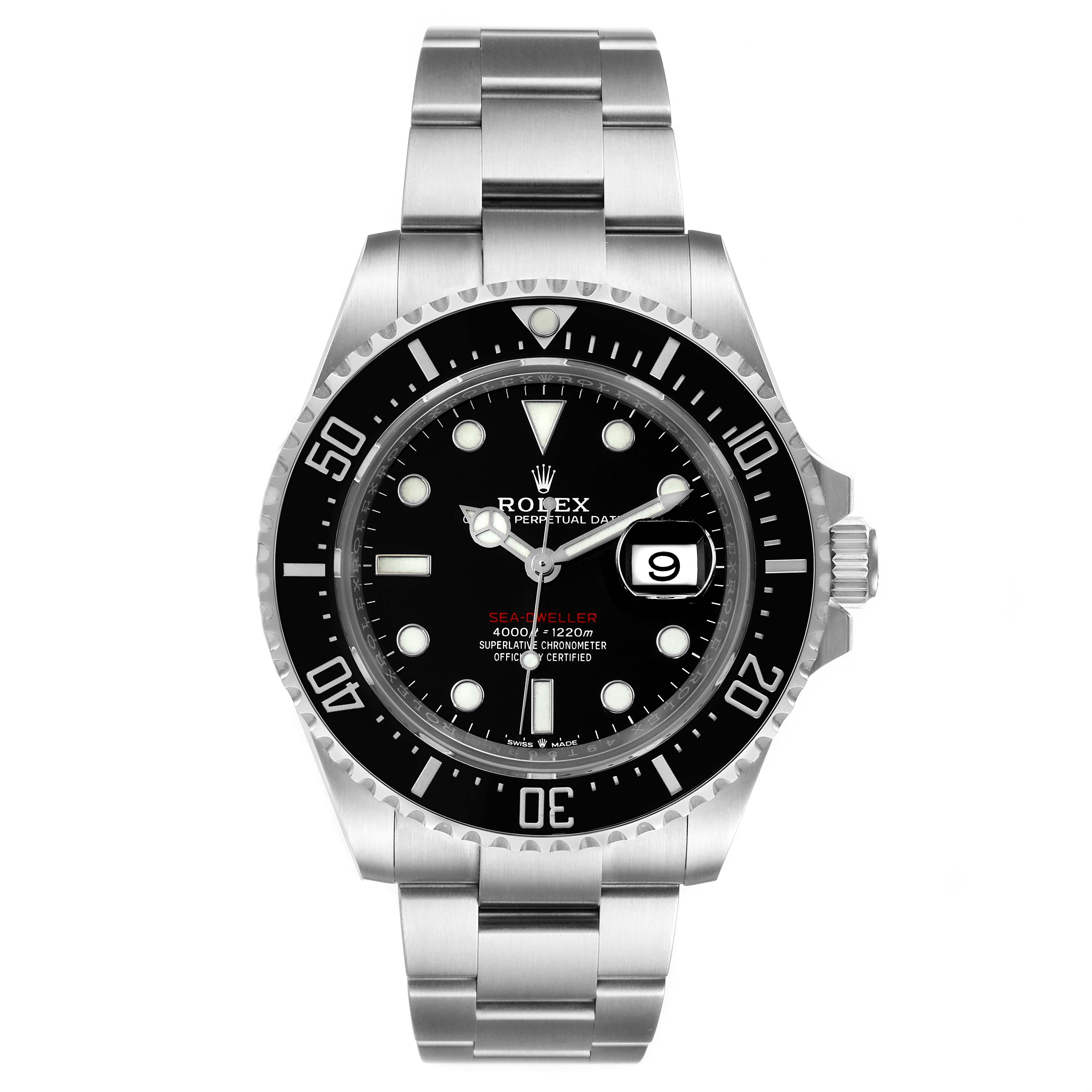 This image shows a top-down view of the Rolex Sea-Dweller 126600 Men
s Stainless Steel Black Dial 126600 Men
s Stainless Steel Black Dial, featuring the dial, bezel, bracelet, and date window.
