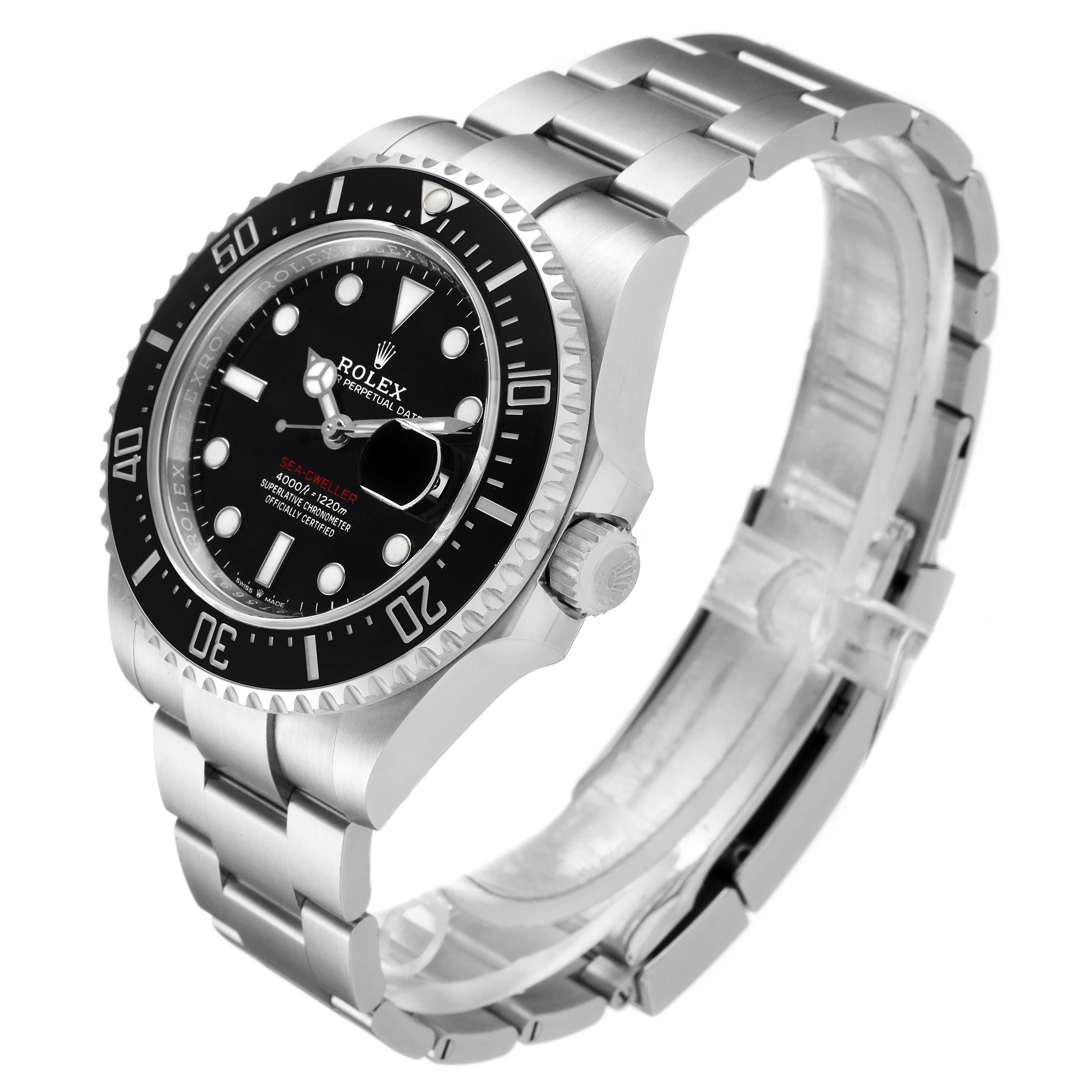 The image shows a Rolex Sea-Dweller 126600 Men
s Stainless Steel Black Dial 126600 Men
s Stainless Steel Black Dial watch angled to display the face, bezel, crown, and bracelet.