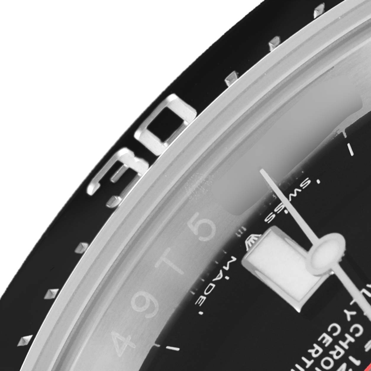 This close-up image shows the bezel and a portion of the dial of the Rolex Sea-Dweller 126600 Men
s Stainless Steel Black Dial 126600 Men
s Stainless Steel Black Dial watch.