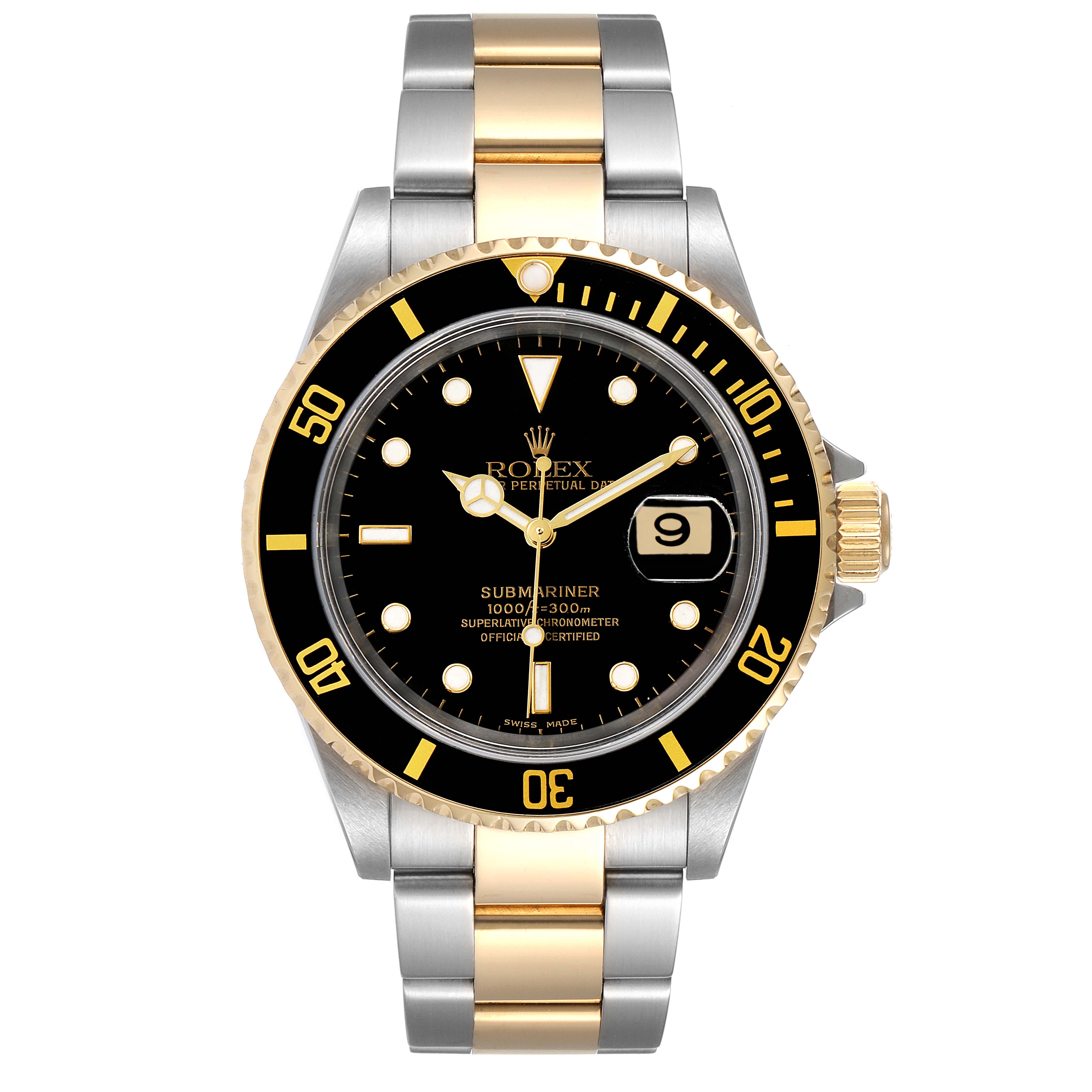 The image shows a front view of a Rolex Submariner 16613 Men's Steel and Gold (two tone) Black Dial 16613 Men's Steel and Gold (two tone) Black Dial watch, highlighting its black dial, gold and silver bracelet, and date display.