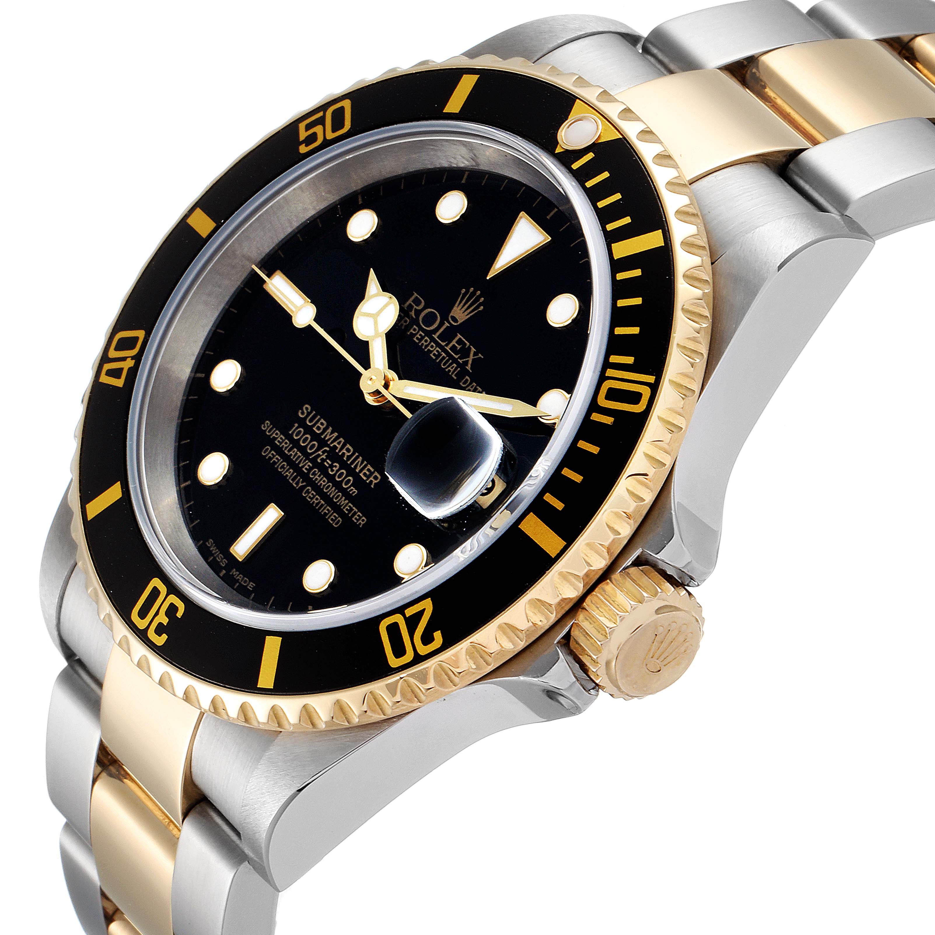 This image shows an angled view of the Rolex Submariner 16613 Men's Steel and Gold (two tone) Black Dial 16613 Men's Steel and Gold (two tone) Black Dial watch, highlighting its dial, bezel, crown, and part of the bracelet.