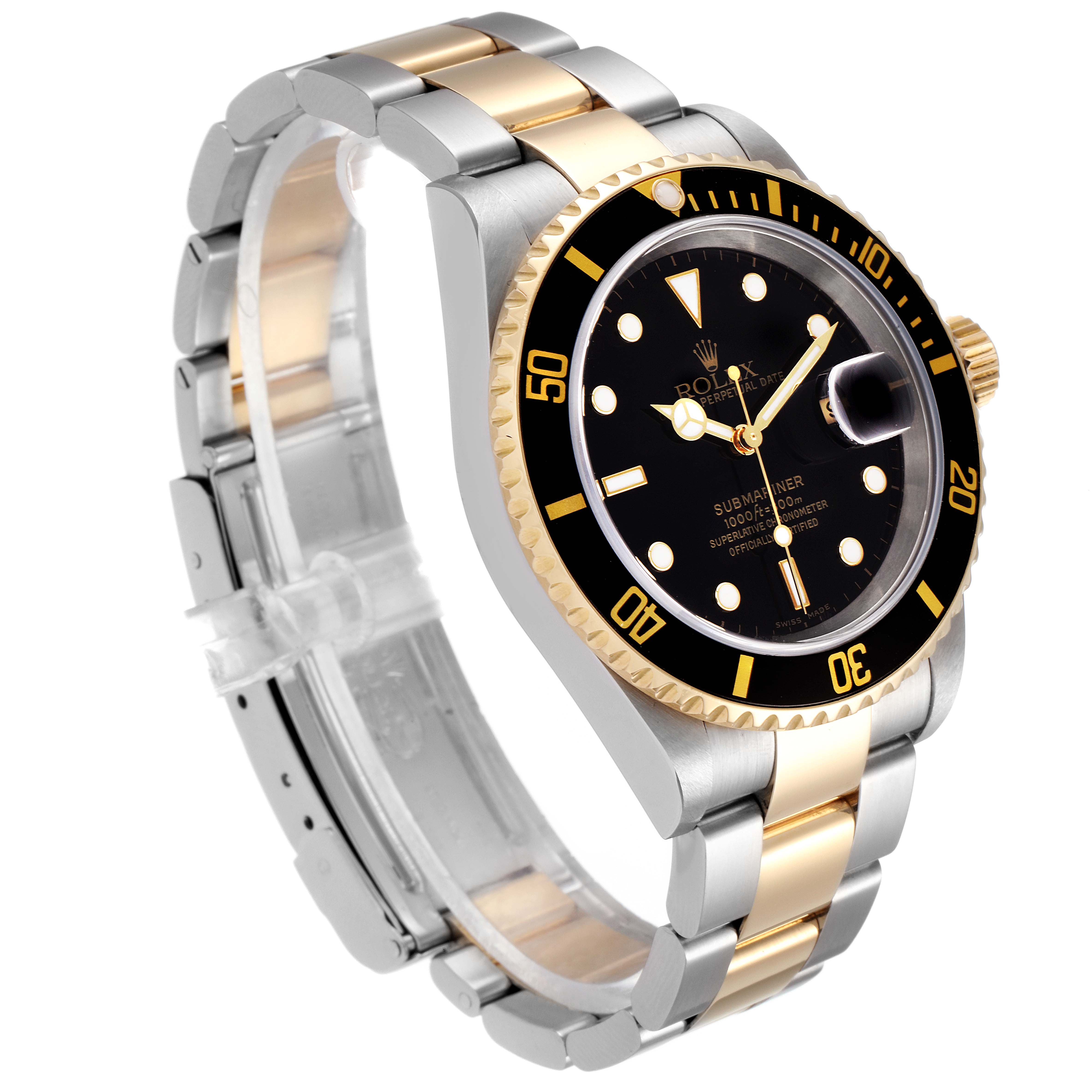 The Rolex Submariner 16613 Men's Steel and Gold (two tone) Black Dial 16613 Men's Steel and Gold (two tone) Black Dial watch is shown from a three-quarter angle, highlighting its bezel, dial, crown, and two-tone bracelet.