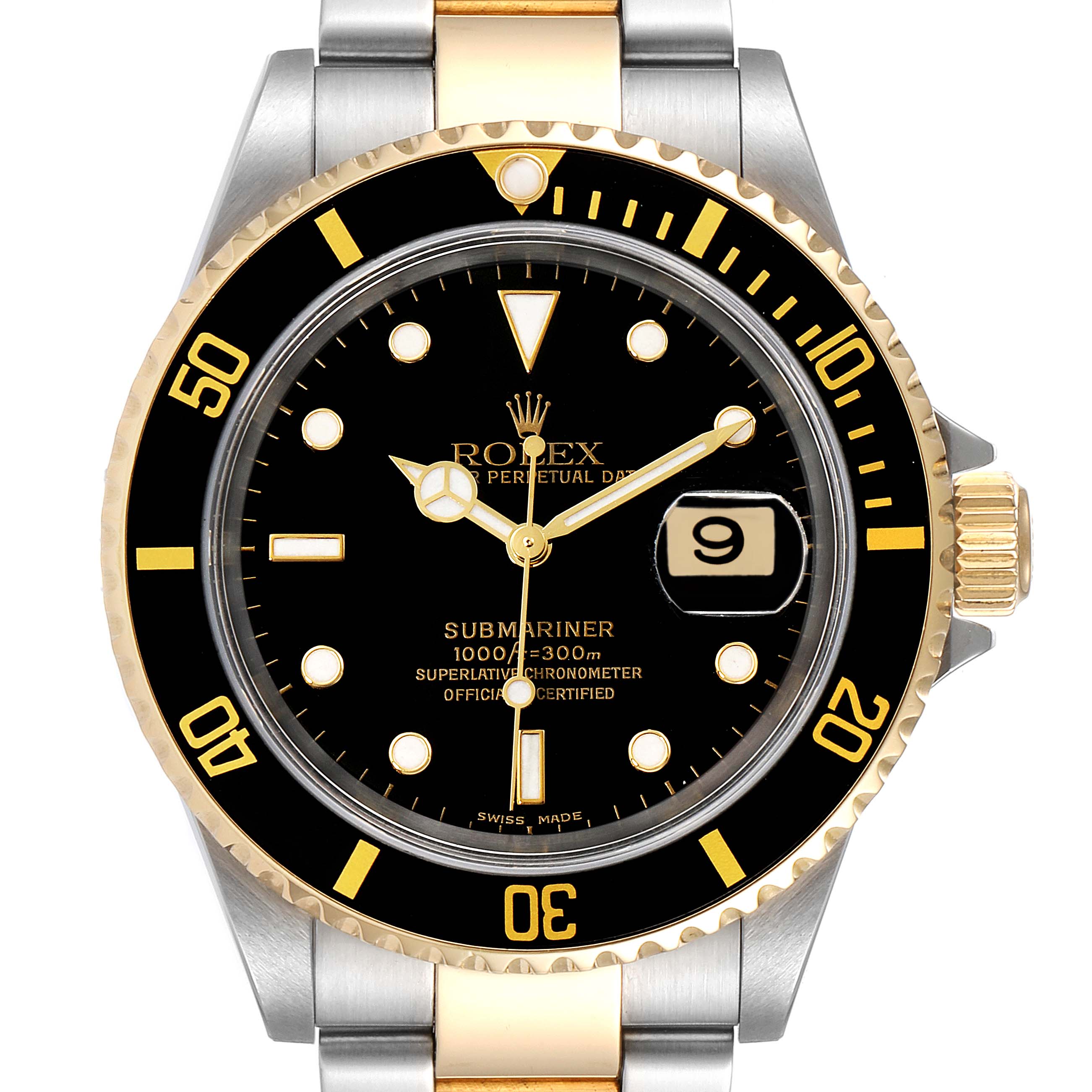 This image shows a frontal view of the Rolex Submariner 16613 Men's Steel and Gold (two tone) Black Dial 16613 Men's Steel and Gold (two tone) Black Dial watch, highlighting the bezel, dial, hands, and date window.
