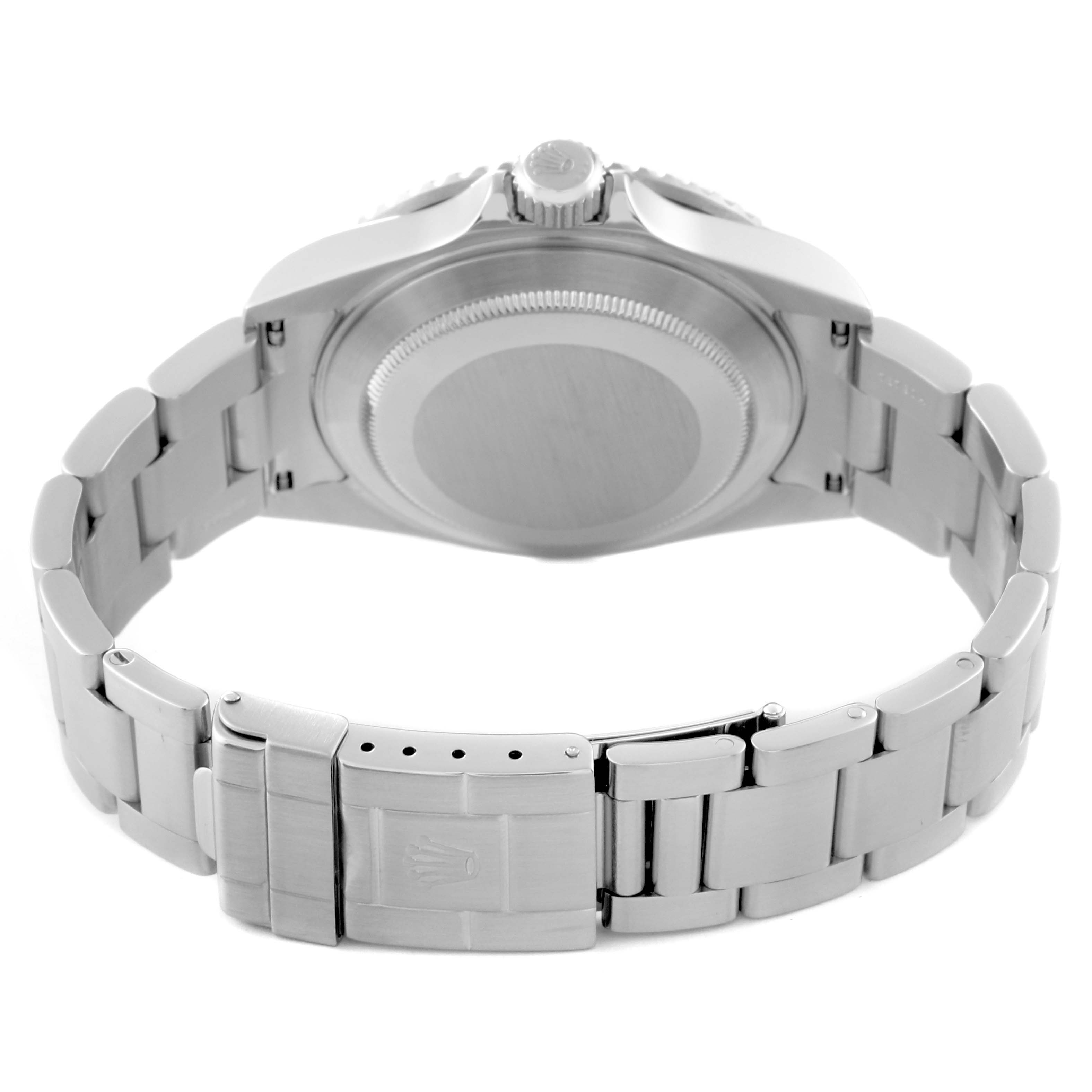 This image shows the back view of a Rolex Submariner 16610 Men
s Stainless Steel Black Dial 16610 Men
s Stainless Steel Black Dial, highlighting the case back and bracelet with clasp.