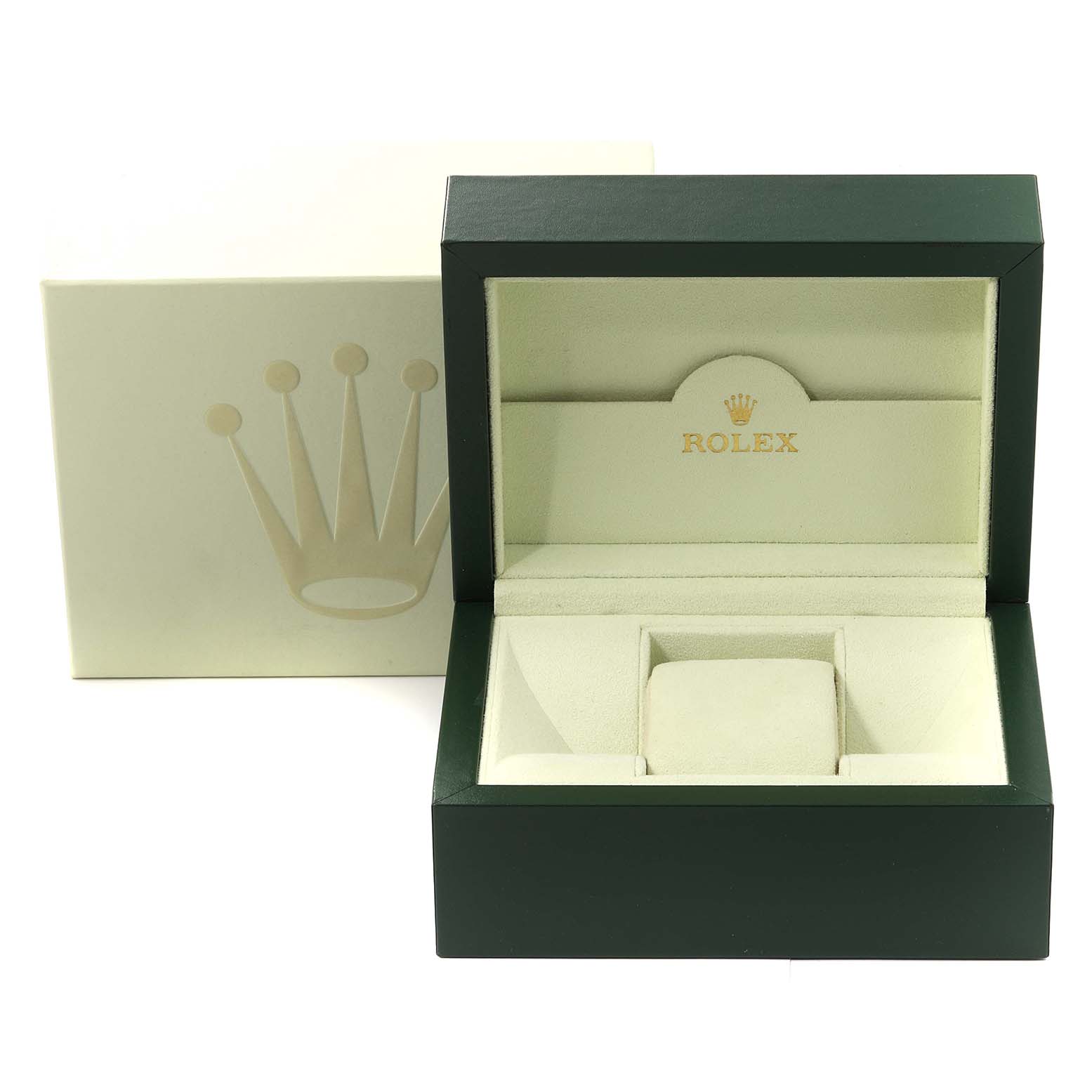 This image shows an empty Rolex Submariner 16610 Men
s Stainless Steel Black Dial 16610 Men
s Stainless Steel Black Dial watch box and its outer box from a frontal angle.