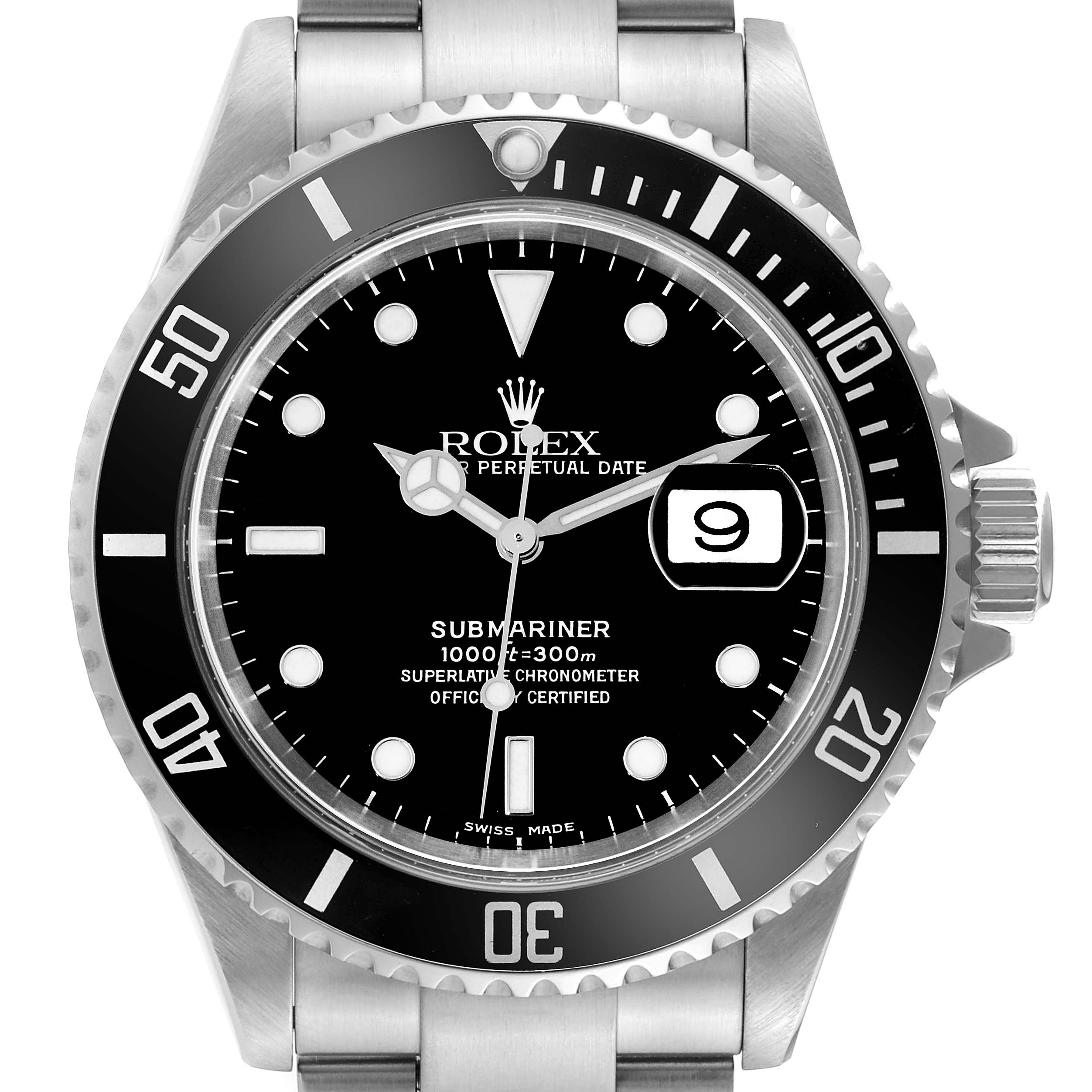 This image shows a front view of a Rolex Submariner 16610 Men
s Stainless Steel Black Dial 16610 Men
s Stainless Steel Black Dial watch, displaying its face, bezel, and part of the band.