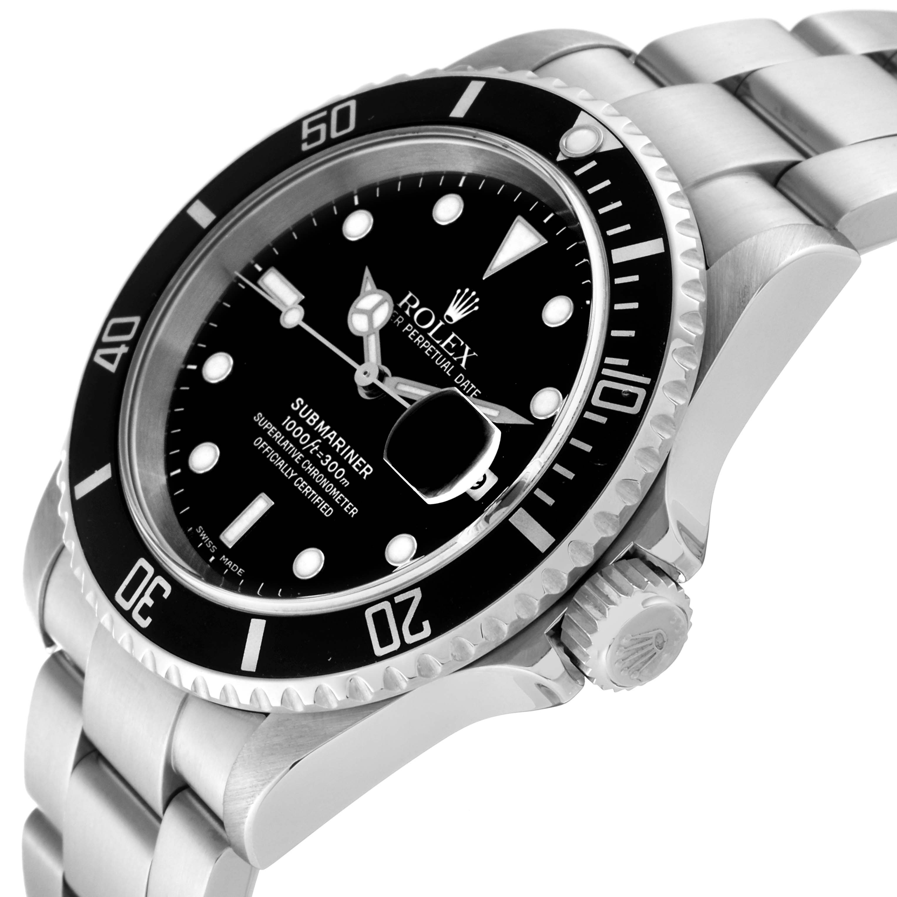 The Rolex Submariner 16610 Men
s Stainless Steel Black Dial 16610 Men
s Stainless Steel Black Dial watch is shown at an angle highlighting the face, bezel, crown, and part of the bracelet.