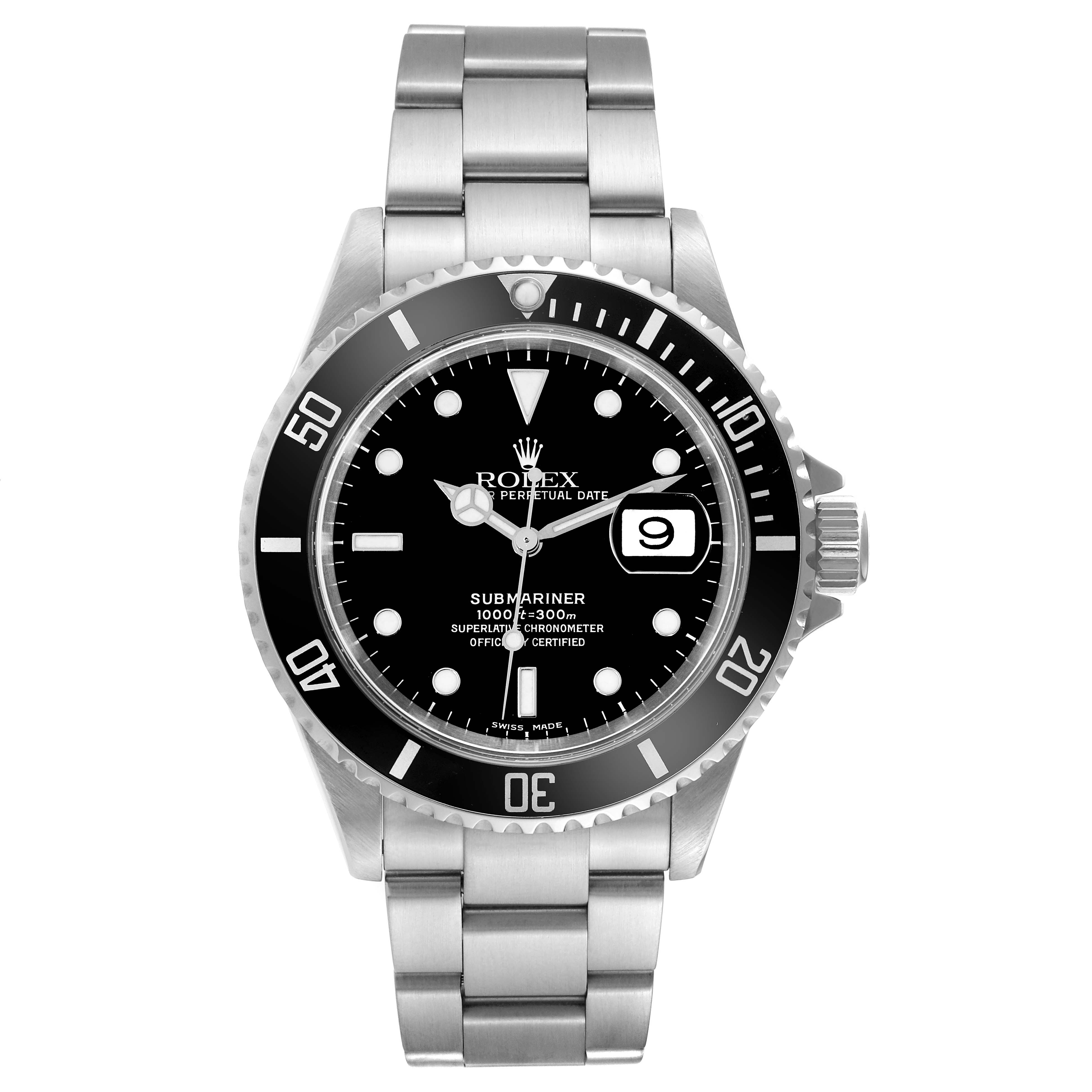 The image shows a front view of the Rolex Submariner 16610 Men
s Stainless Steel Black Dial 16610 Men
s Stainless Steel Black Dial watch, displaying the band, bezel, dial, and date feature.