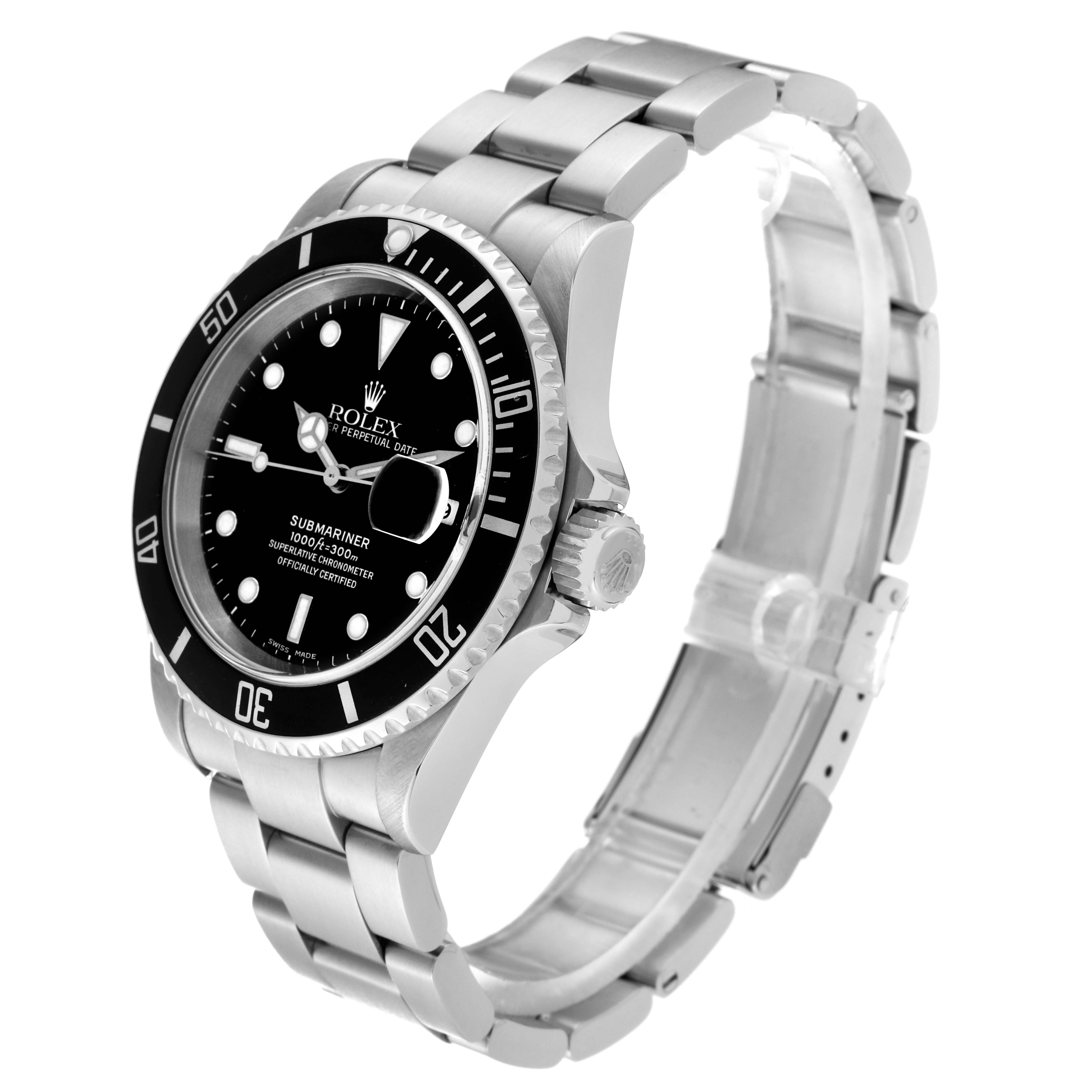 This image shows a Rolex Submariner 16610 Men
s Stainless Steel Black Dial 16610 Men
s Stainless Steel Black Dial watch at a three-quarter angle, highlighting the face, bezel, and bracelet.