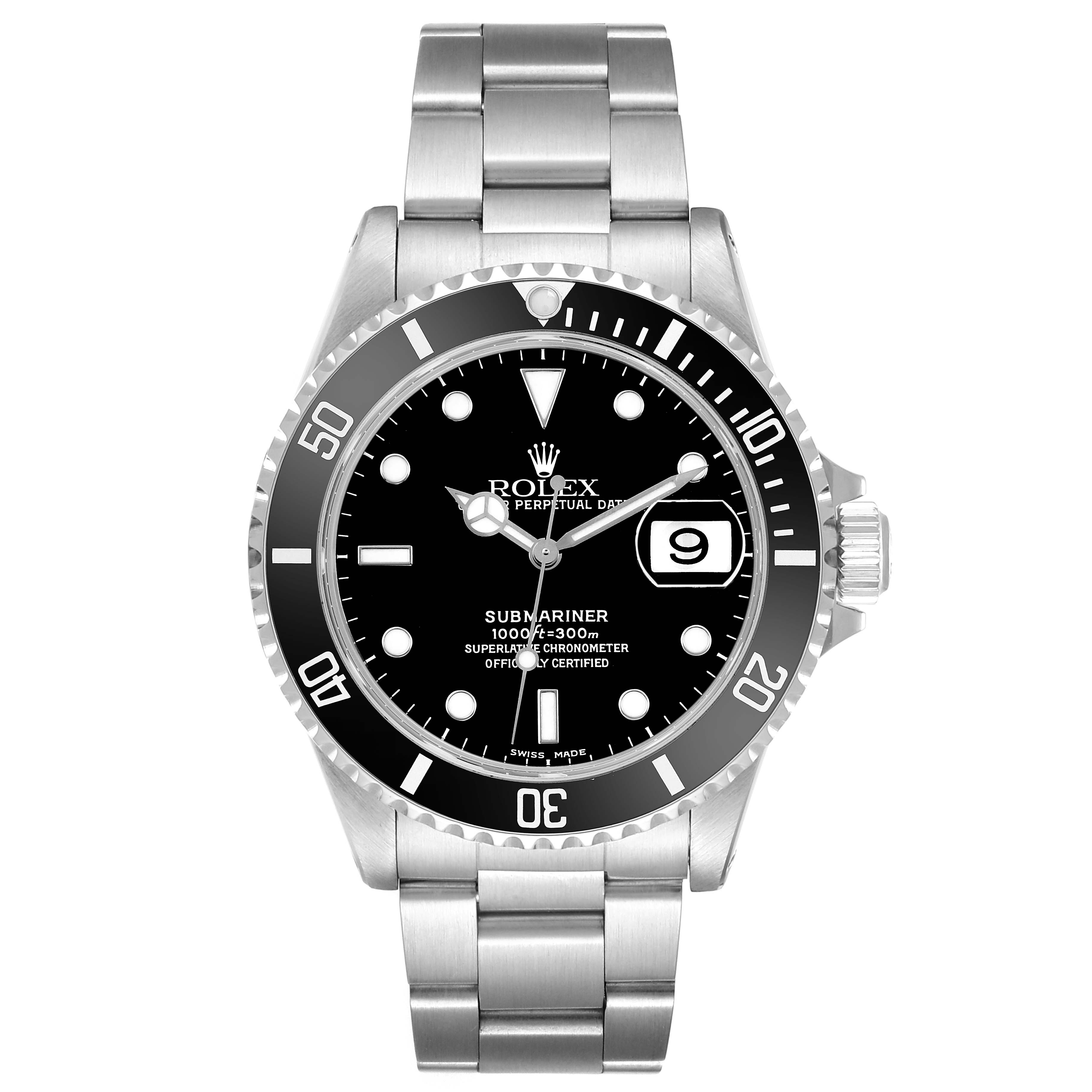 The Rolex Submariner 16610 Men's Stainless Steel Black Dial is shown from a front angle, displaying the dial, bezel, and bracelet clearly.