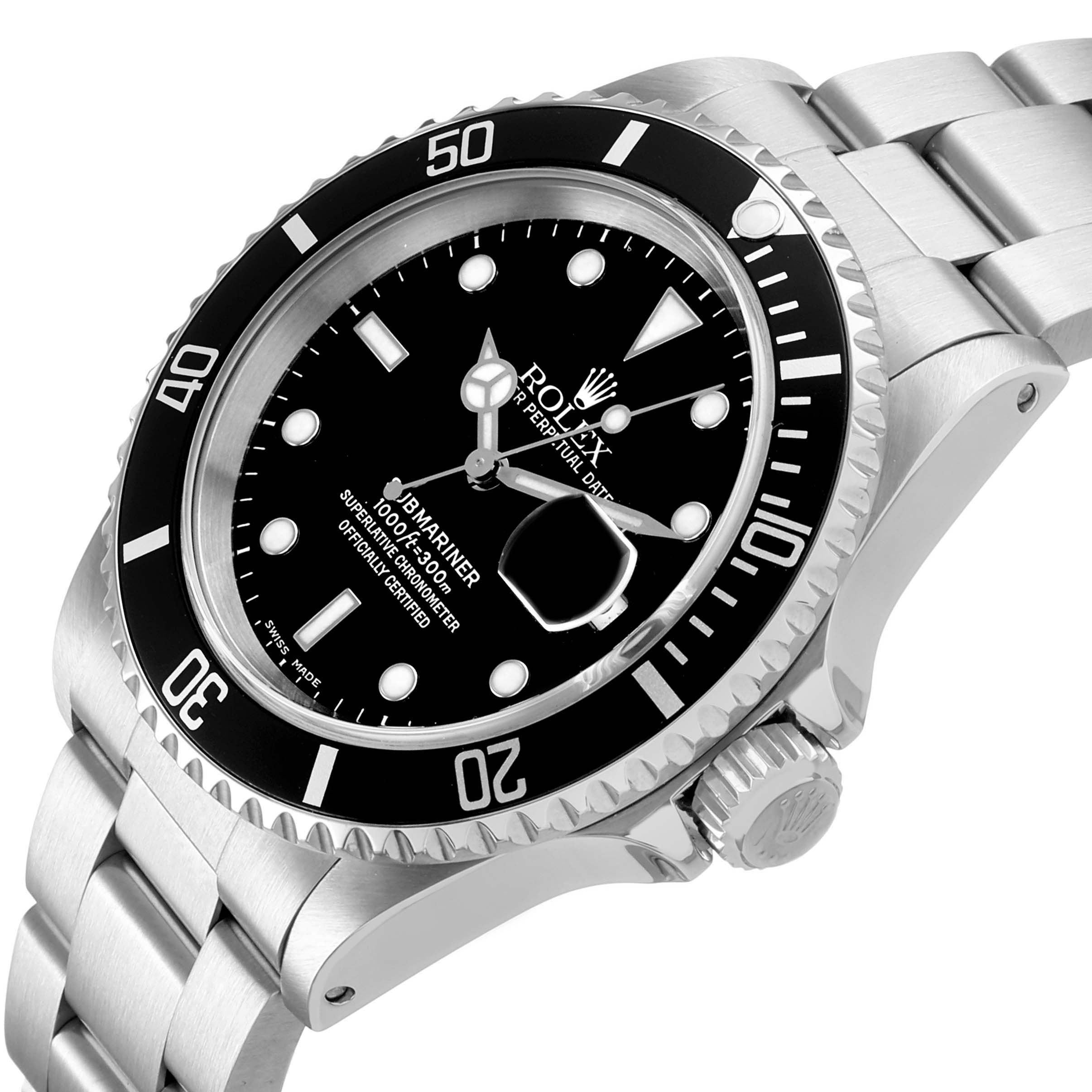The Rolex Submariner 16610 Men's Stainless Steel Black Dial watch is shown at an angled side view, featuring the bezel, crown, and dial with its bracelet.