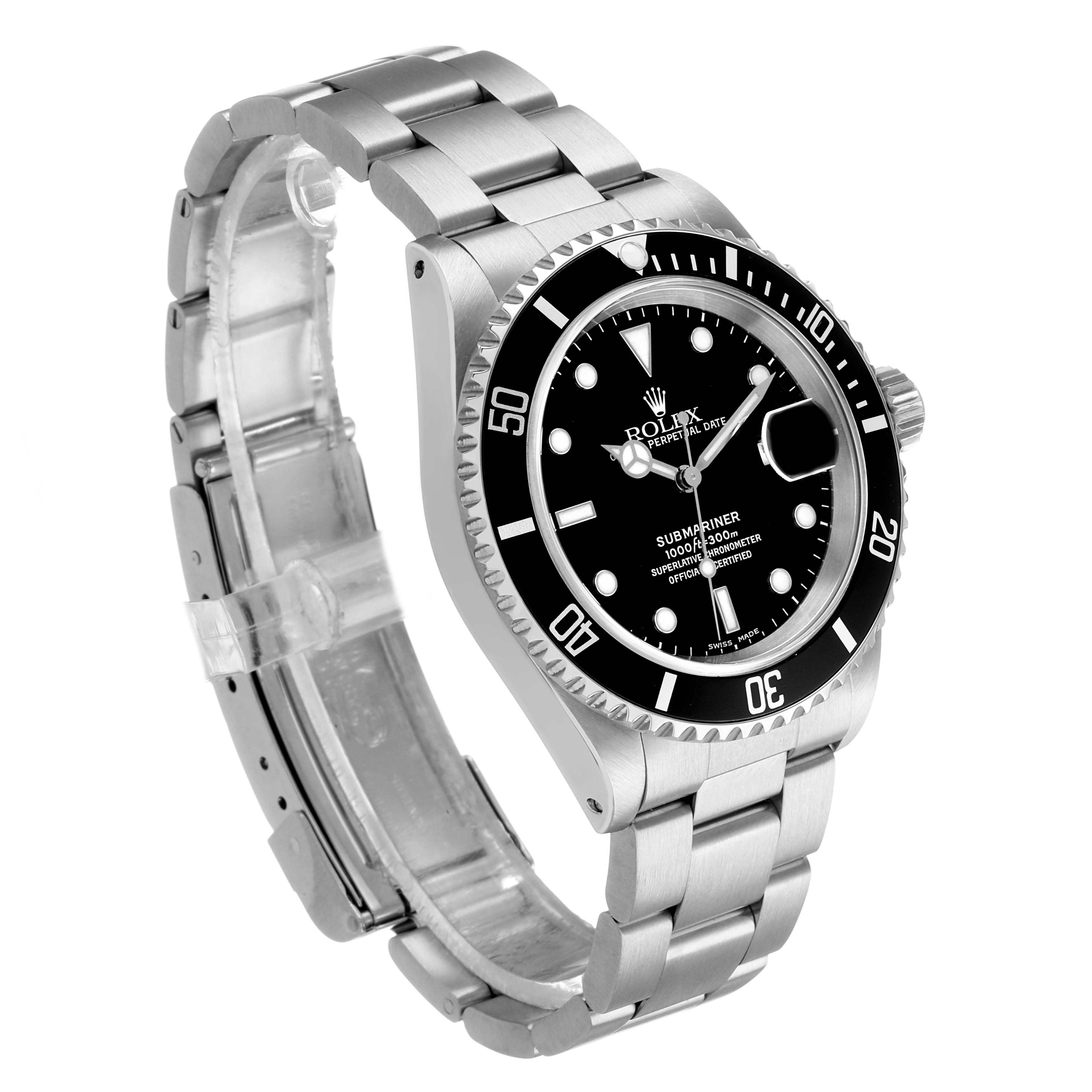 The Rolex Submariner 16610 Men's Stainless Steel Black Dial watch is shown at a three-quarter angle, highlighting the bracelet, bezel, and face.