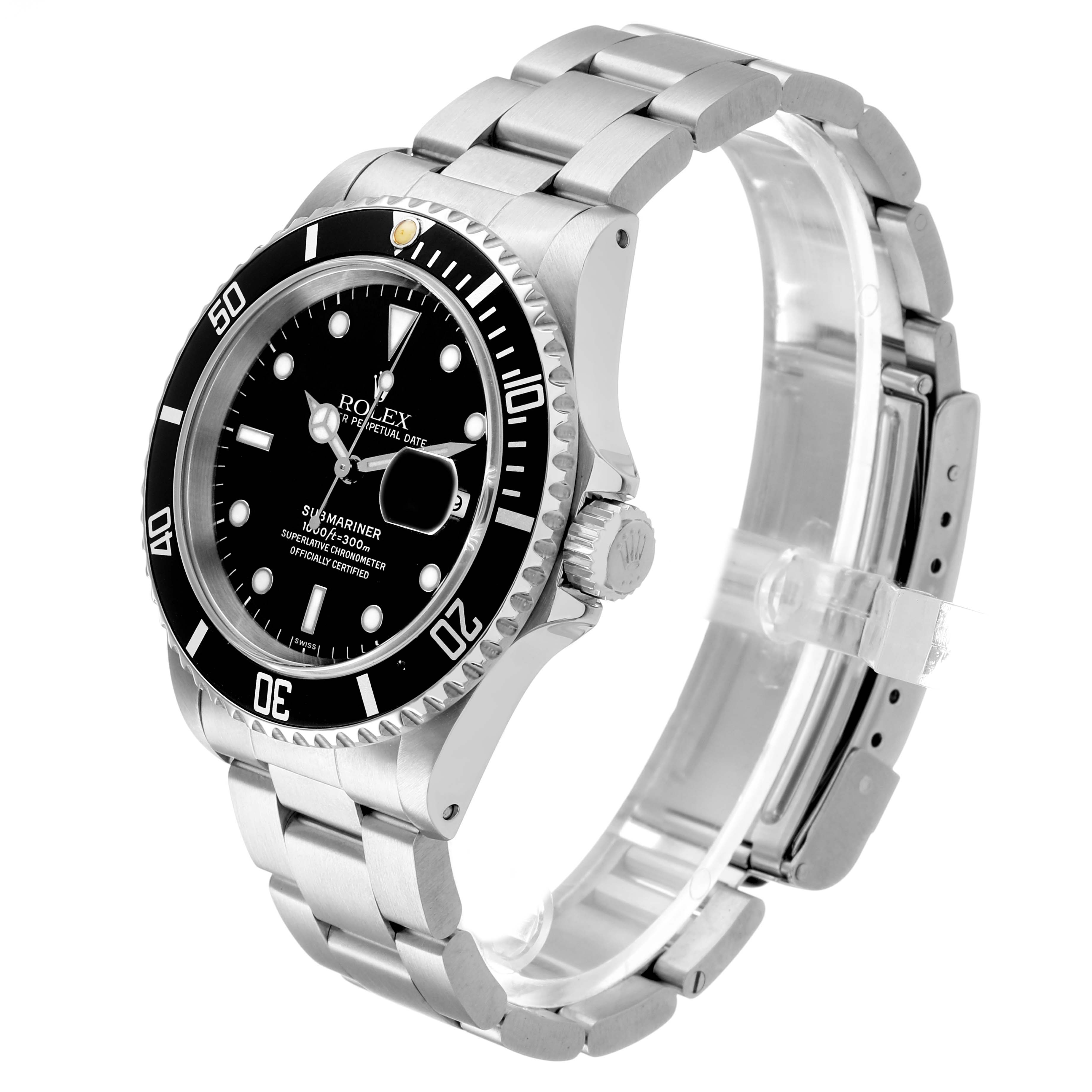 The Rolex Submariner 16610 Men's Stainless Steel Black Dial watch is shown from a three-quarter angle, displaying the face, bezel, crown, and stainless steel bracelet.