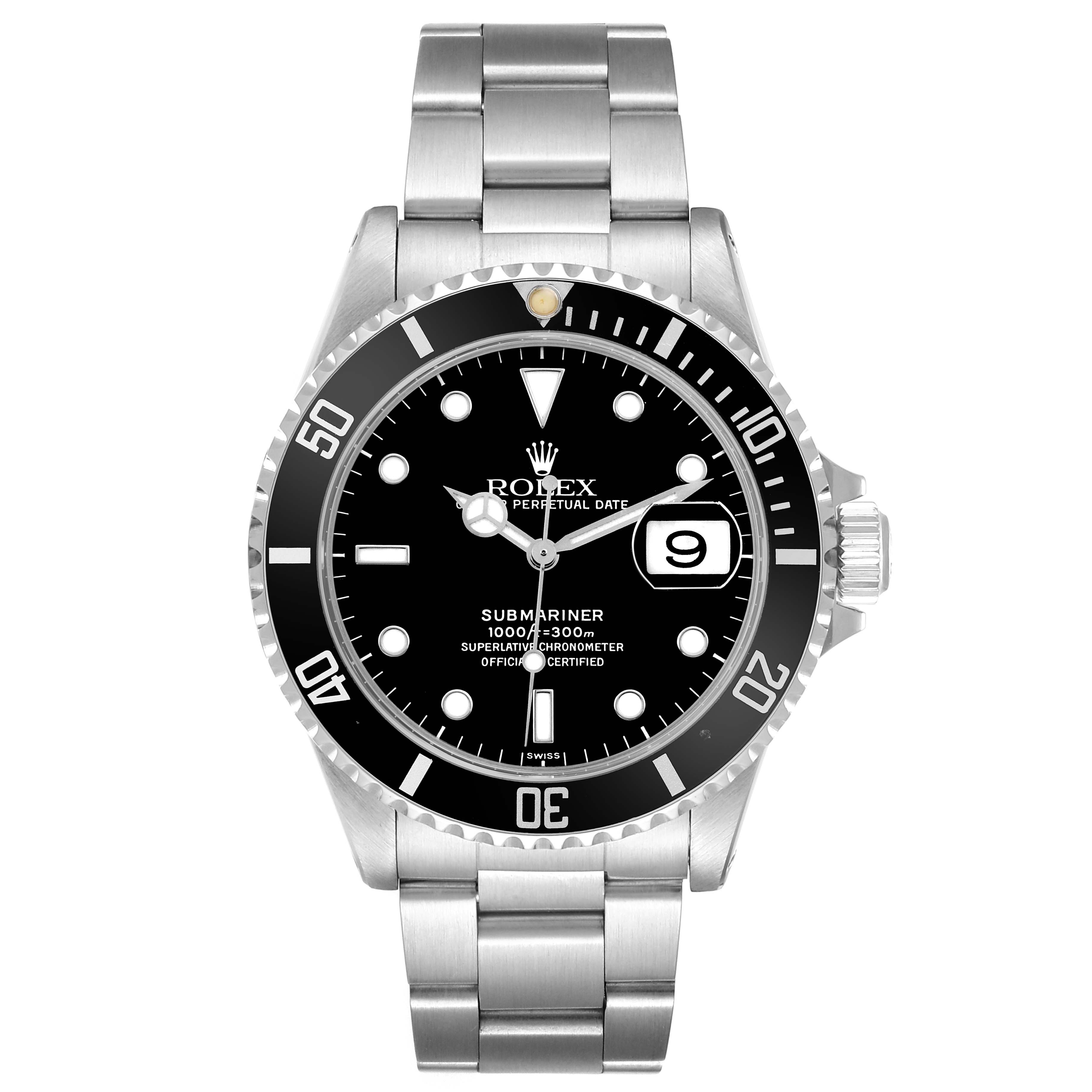 The image shows a front view of a Rolex Submariner 16610 Men's Stainless Steel Black Dial, highlighting the dial, bezel, and bracelet.