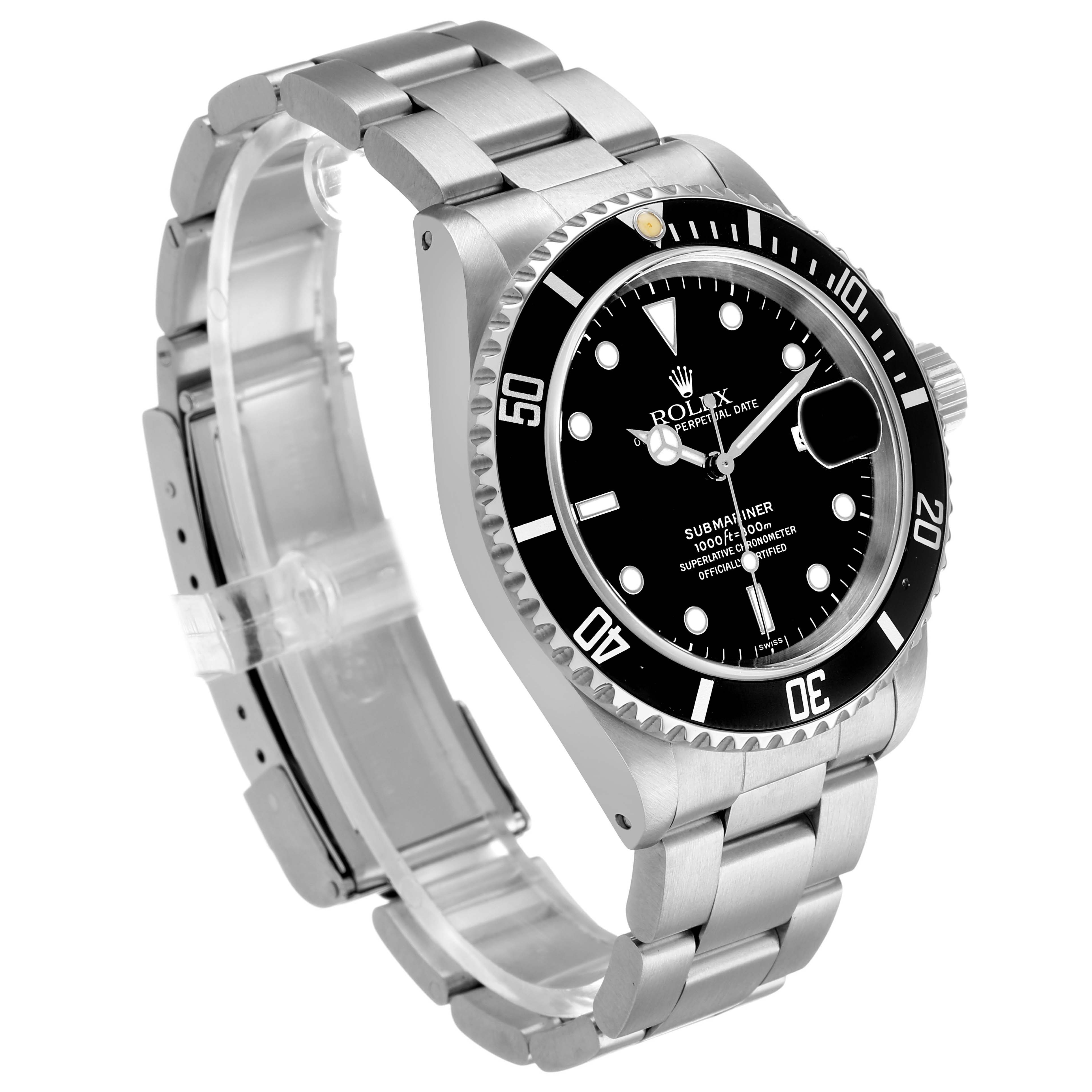 The Rolex Submariner 16610 Men's Stainless Steel Black Dial is shown at a three-quarter angle, featuring the bezel, dial, and bracelet.