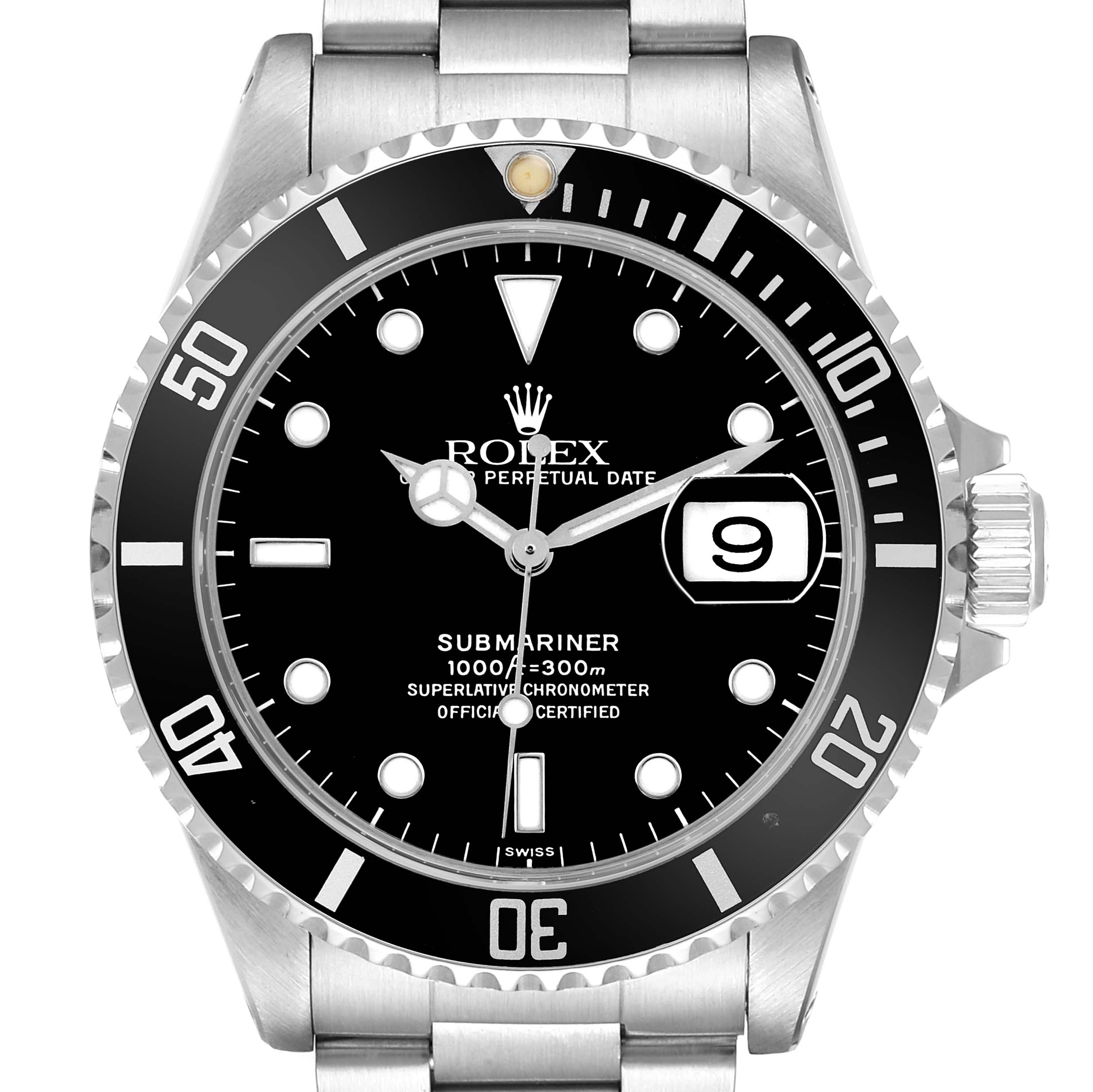 The image shows a Rolex Submariner 16610 Men's Stainless Steel Black Dial watch from a front view, displaying the dial, bezel, crown, and part of the bracelet.