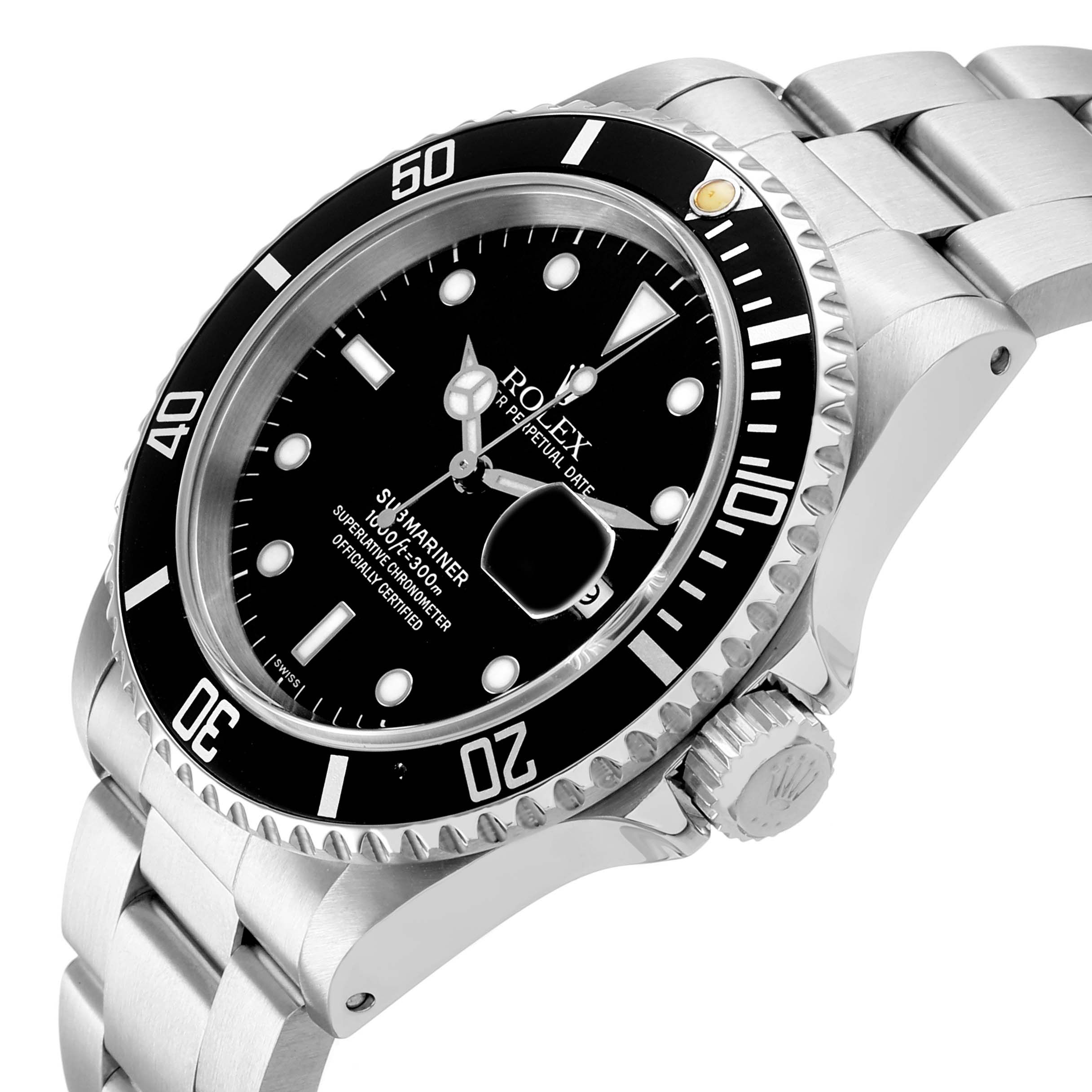 The image shows a Rolex Submariner 16610 Men's Stainless Steel Black Dial watch at a three-quarter angle, highlighting the bezel, dial, bracelet, and crown.