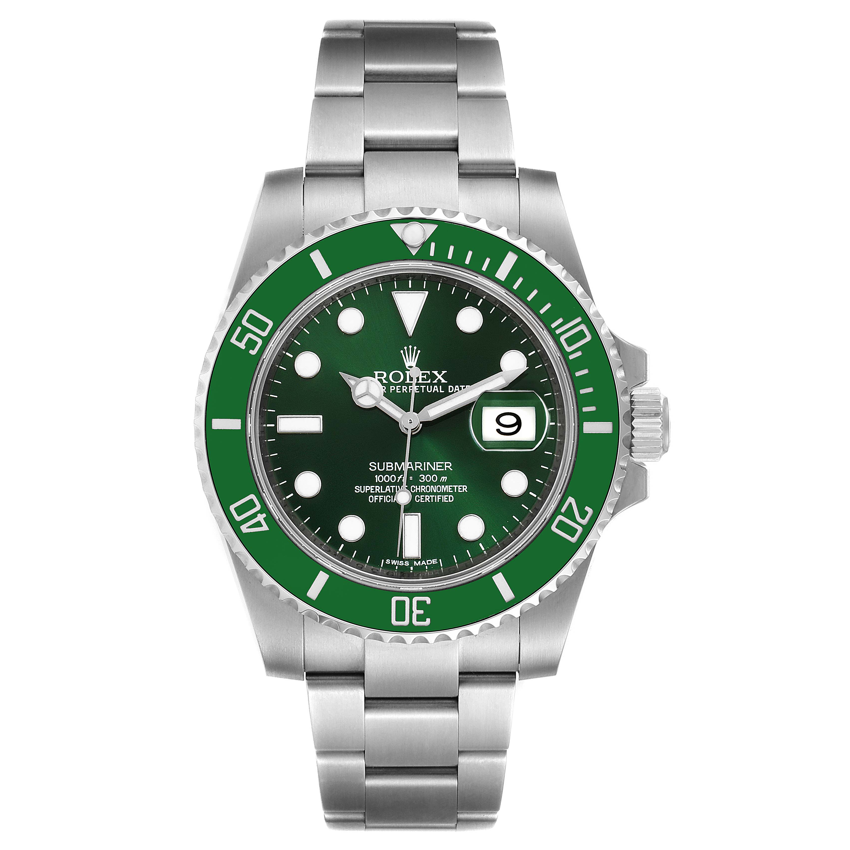 The image shows a front view of a Rolex Submariner 116610LV Men
s Stainless Steel Green Dial 116610LV Men
s Stainless Steel Green Dial watch with a green bezel and dial.
