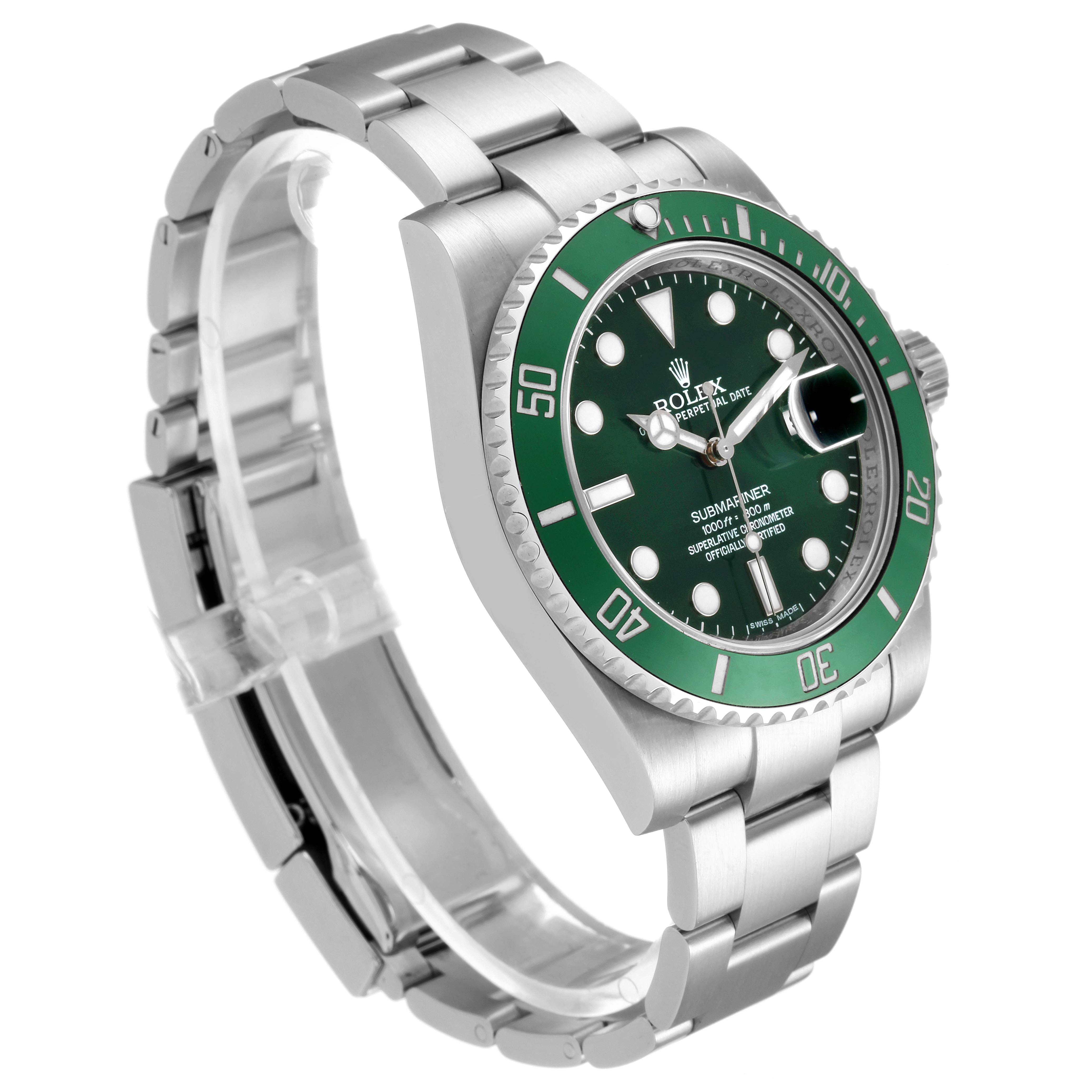 The image shows a side angle view of the Rolex Submariner 116610LV Men
s Stainless Steel Green Dial 116610LV Men
s Stainless Steel Green Dial watch, highlighting its green bezel, dial, and stainless steel bracelet.