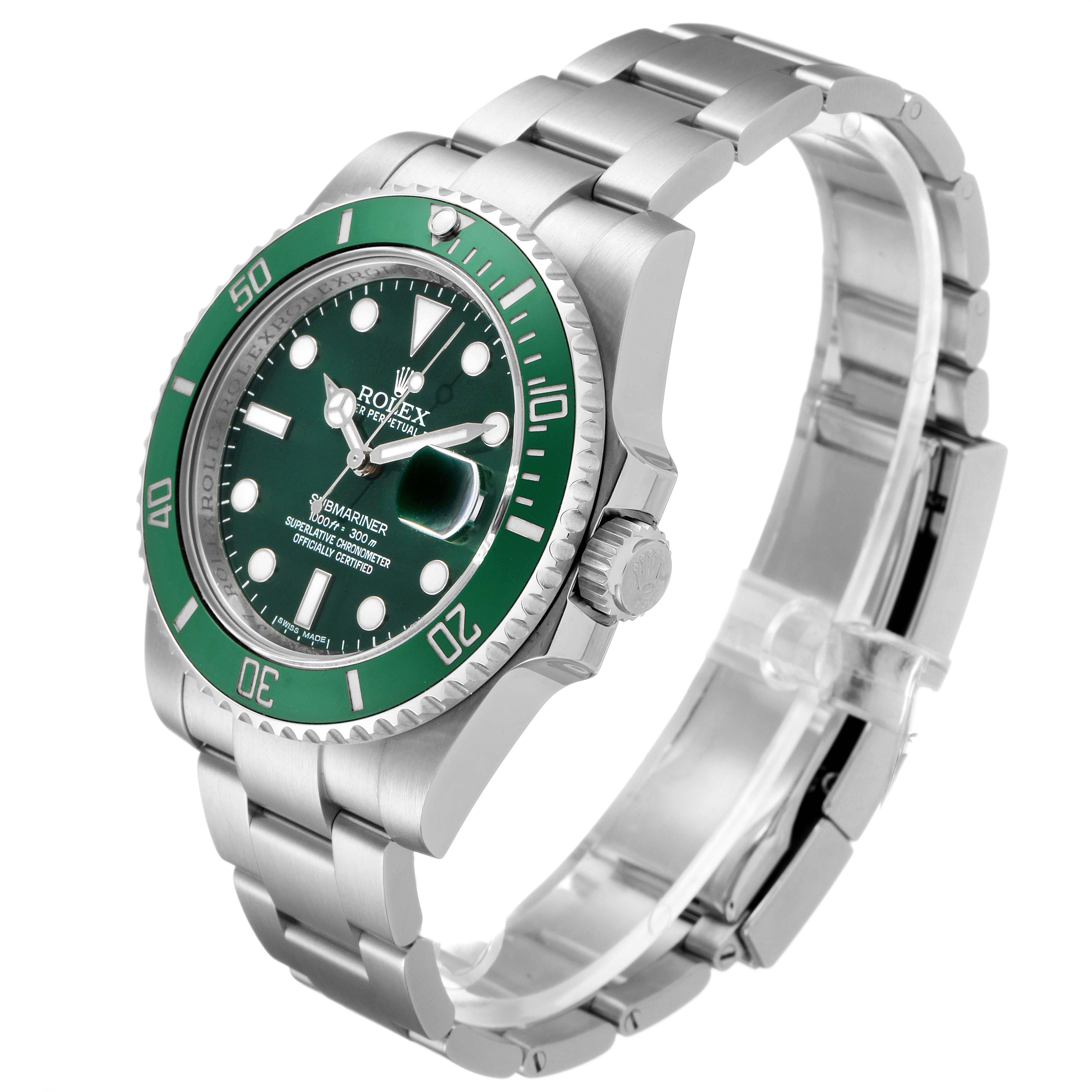 The Rolex Submariner 116610LV Men
s Stainless Steel Green Dial 116610LV Men
s Stainless Steel Green Dial is shown at an angle highlighting its green bezel, dial, bracelet, and crown.