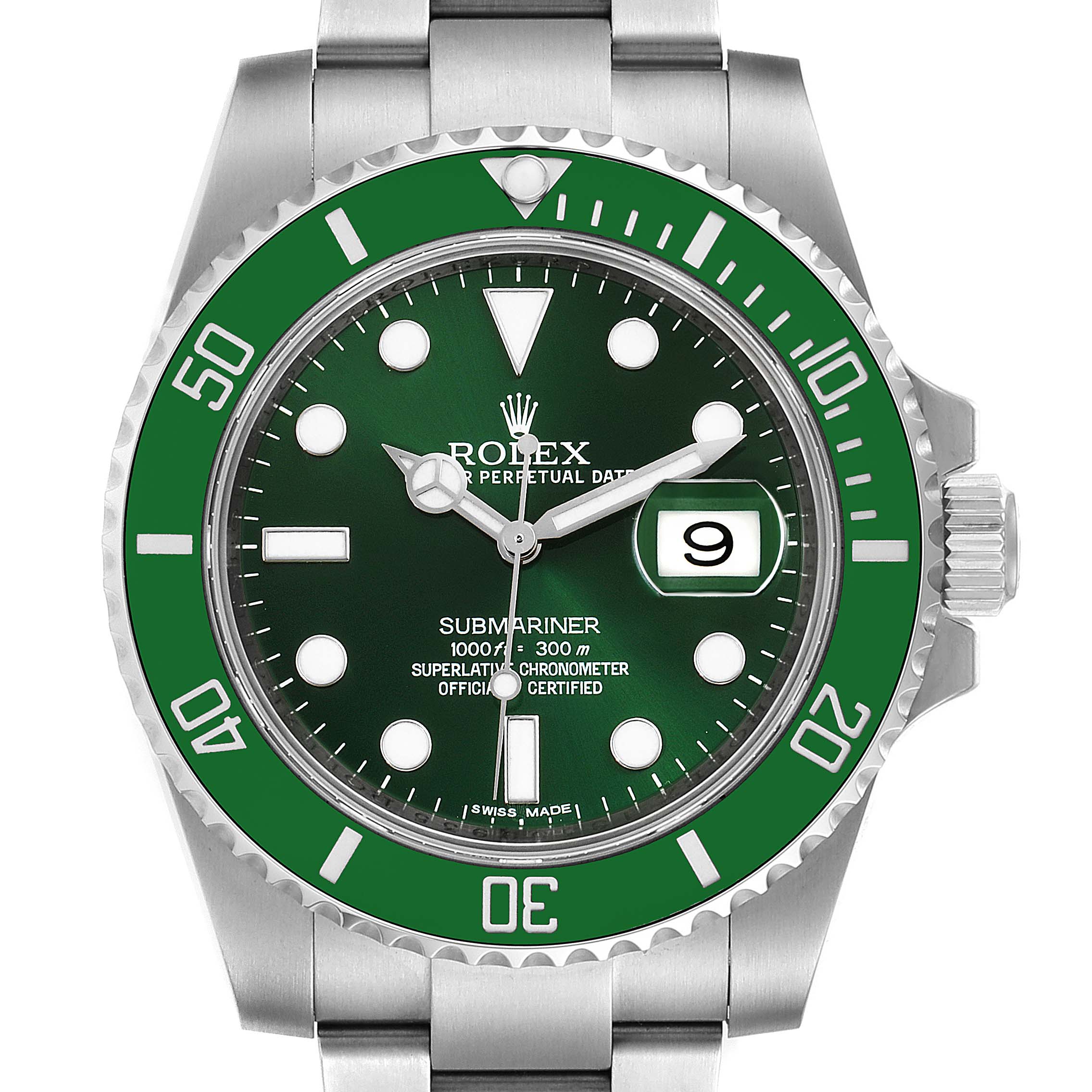This image shows a front view of a Rolex Submariner 116610LV Men
s Stainless Steel Green Dial 116610LV Men
s Stainless Steel Green Dial watch, highlighting the green bezel, dial, and date display.