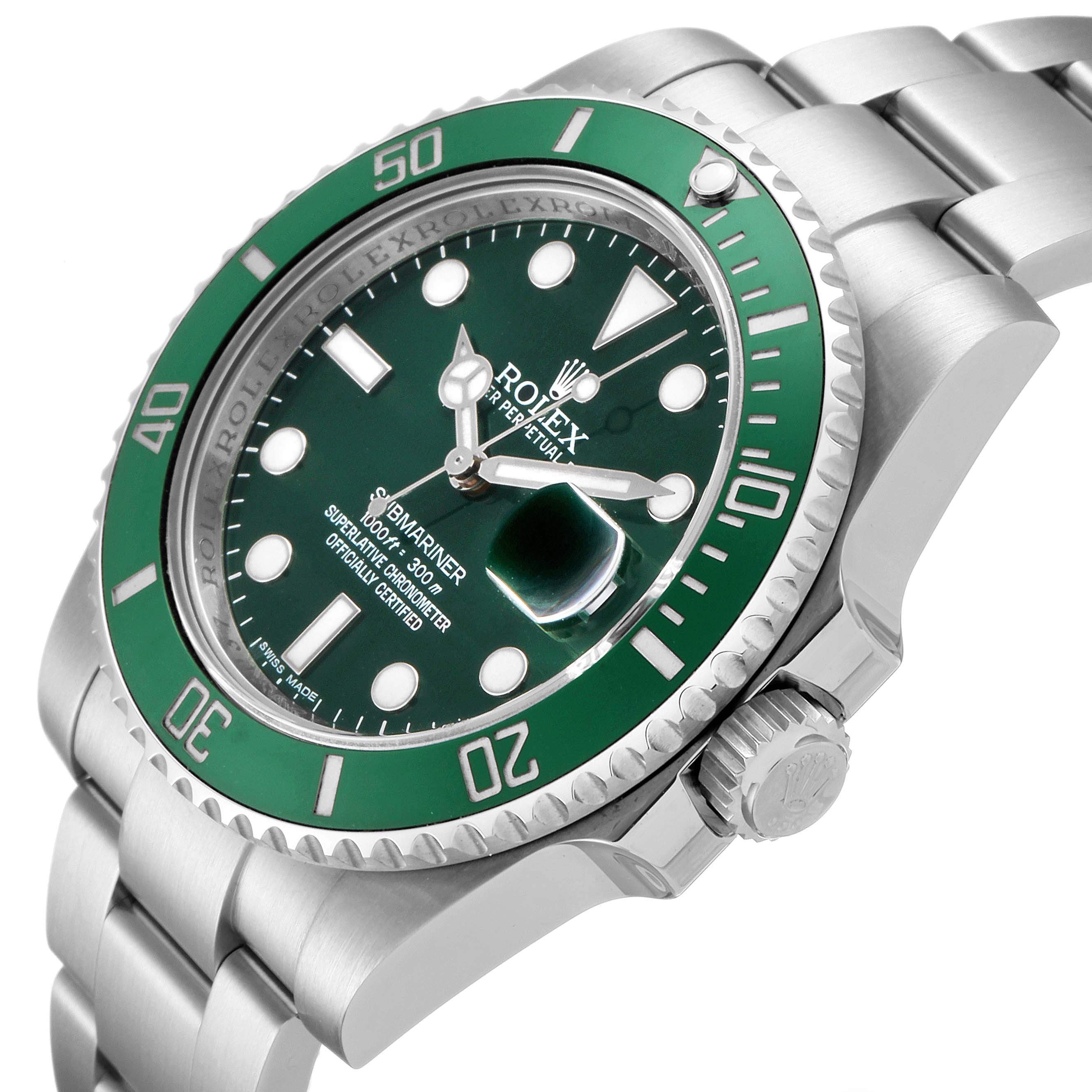 The image shows a Rolex Submariner 116610LV Men
s Stainless Steel Green Dial 116610LV Men
s Stainless Steel Green Dial watch at an angle, highlighting the green bezel, face, and bracelet.