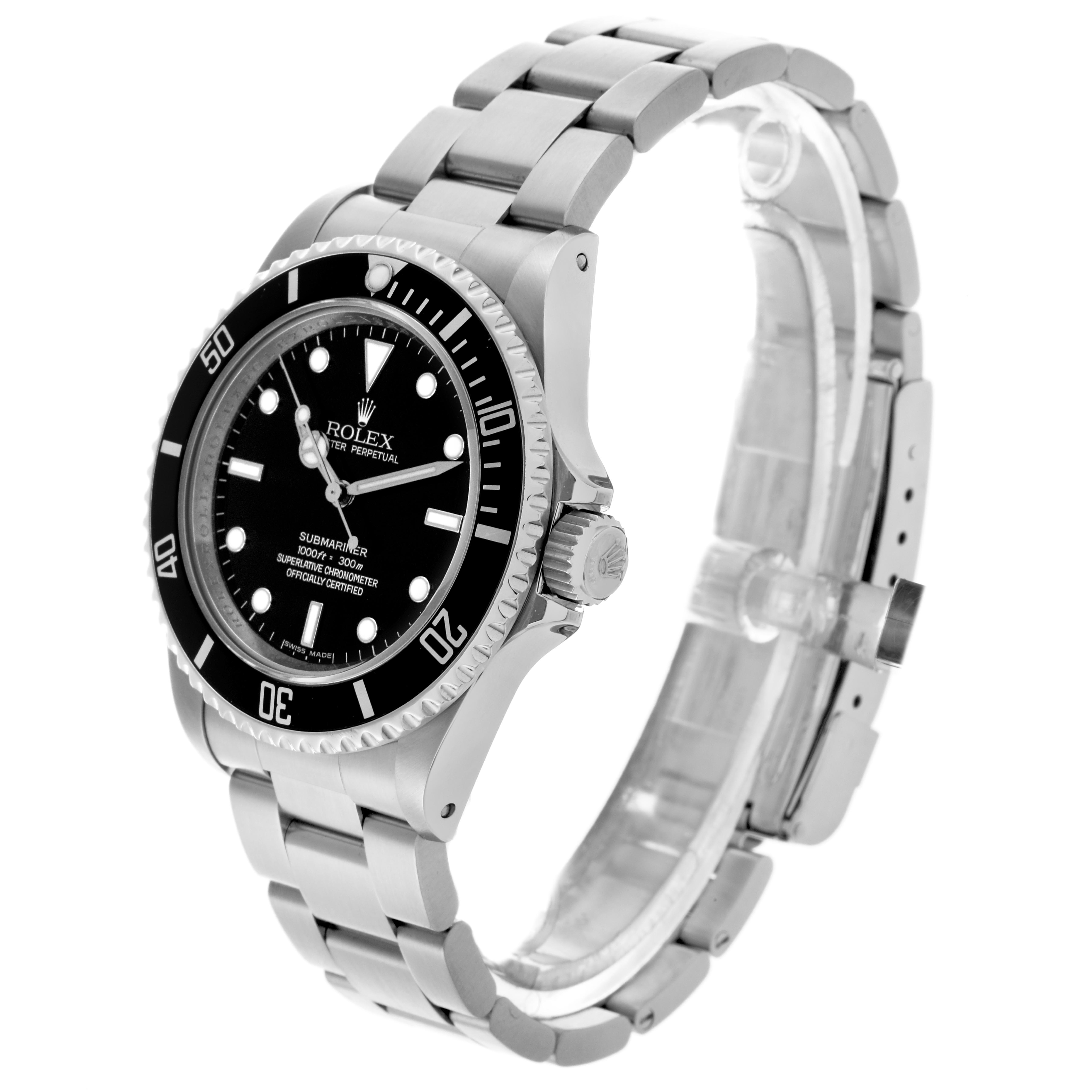 The Rolex Submariner 14060 Men's Stainless Steel Black Dial 14060 Men's Stainless Steel Black Dial watch is shown at a slight angle, highlighting the face, bezel, crown, and bracelet.