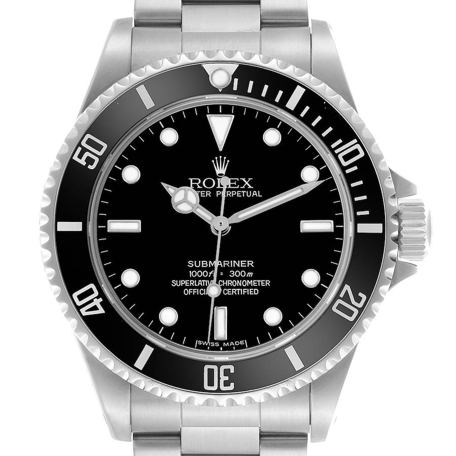 The image shows a Rolex Submariner watch from a front angle, displaying its bezel, dial, hands, crown, and bracelet.