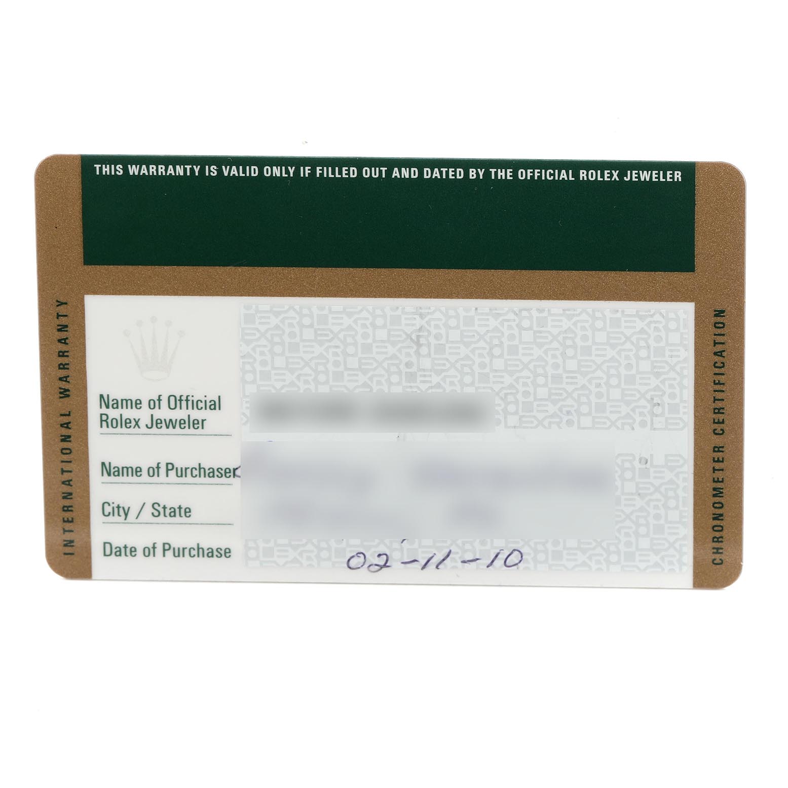 This image shows an official warranty card for a Rolex Submariner 14060 Men's Stainless Steel Black Dial 14060 Men's Stainless Steel Black Dial watch, featuring blank spaces for purchase details.