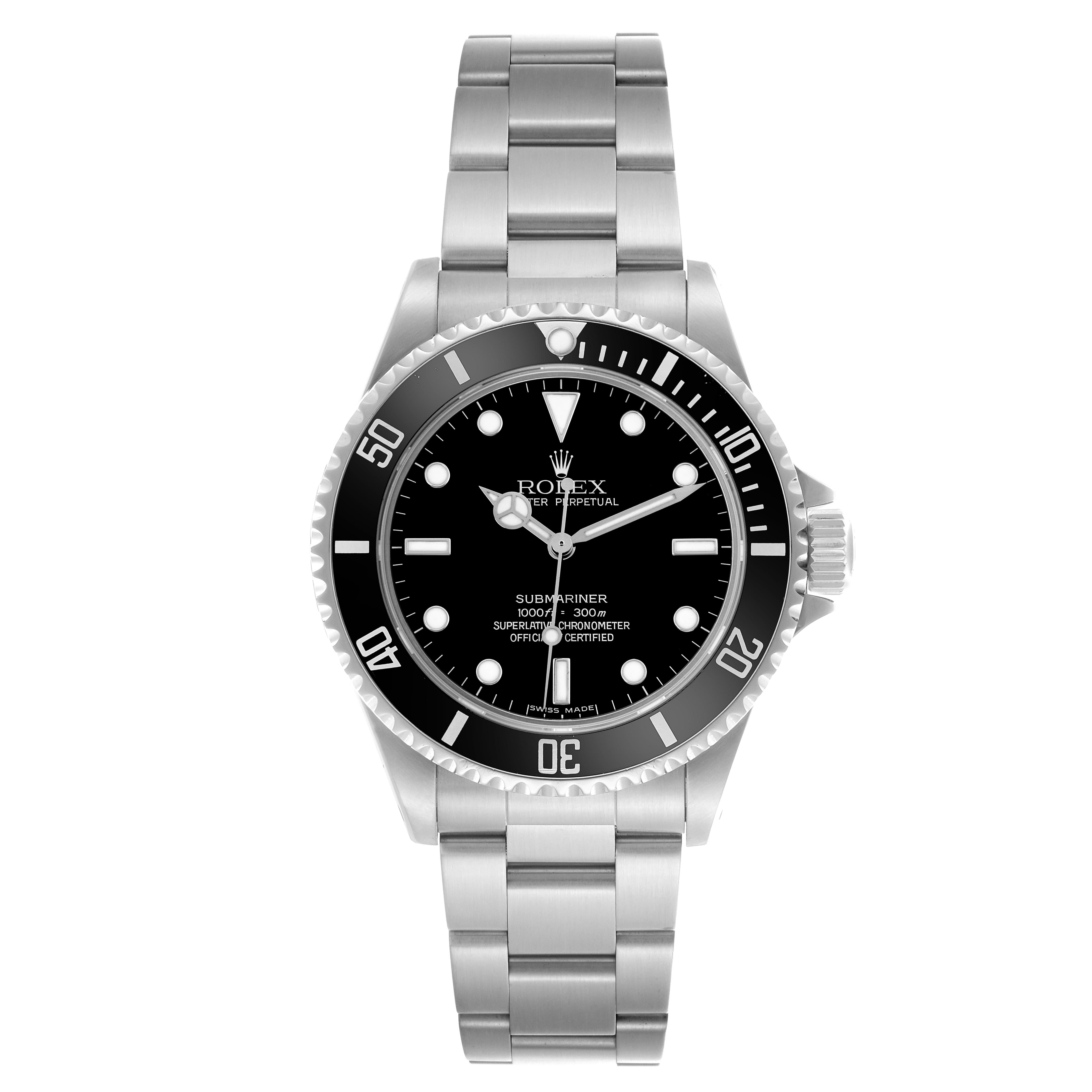 The Rolex Submariner 14060 Men's Stainless Steel Black Dial 14060 Men's Stainless Steel Black Dial watch is shown from a front angle, displaying its black dial, bezel, hour markers, and bracelet.