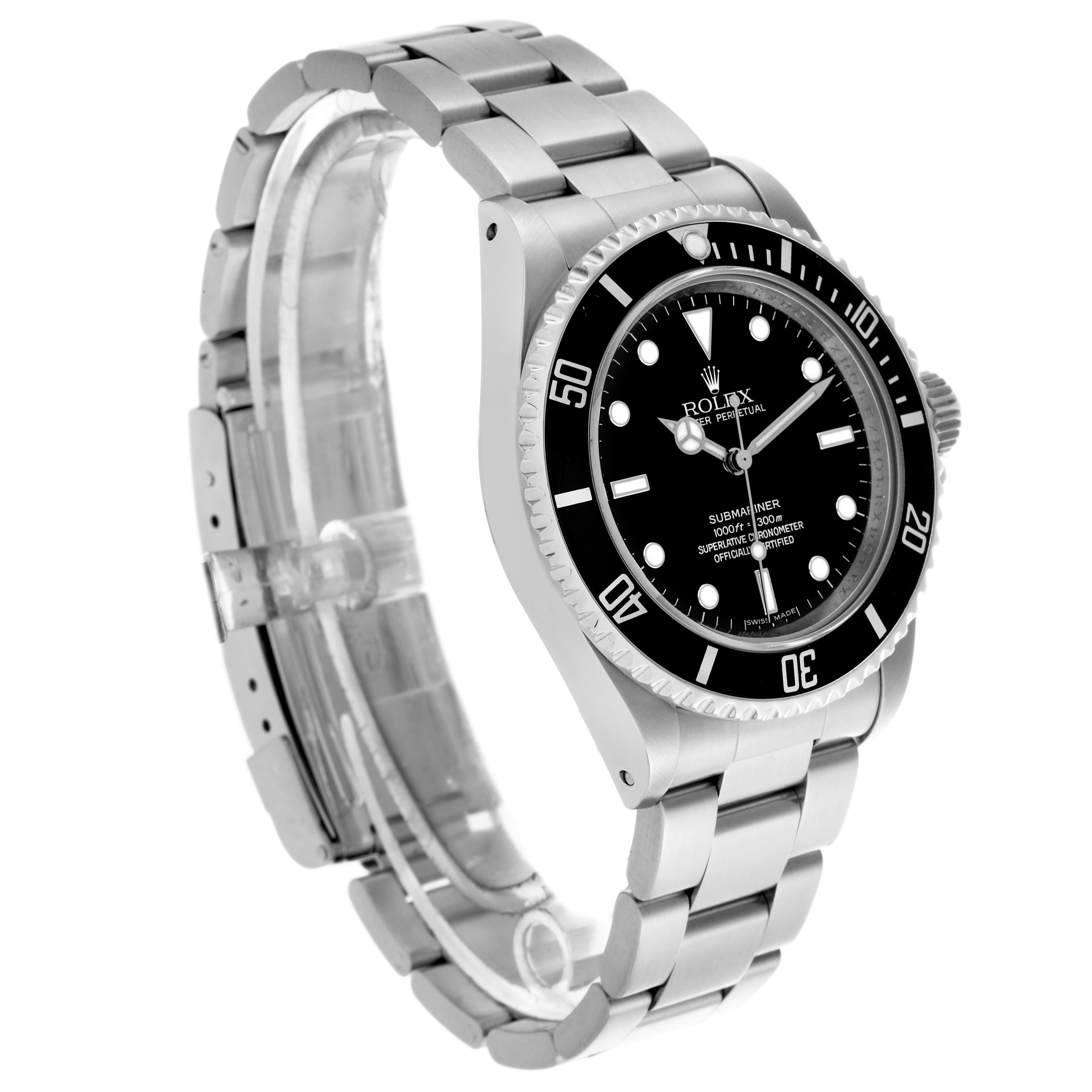 The Rolex Submariner 14060 Men's Stainless Steel Black Dial 14060 Men's Stainless Steel Black Dial watch is shown from a side angle, highlighting its bezel, face, crown, and metal bracelet.