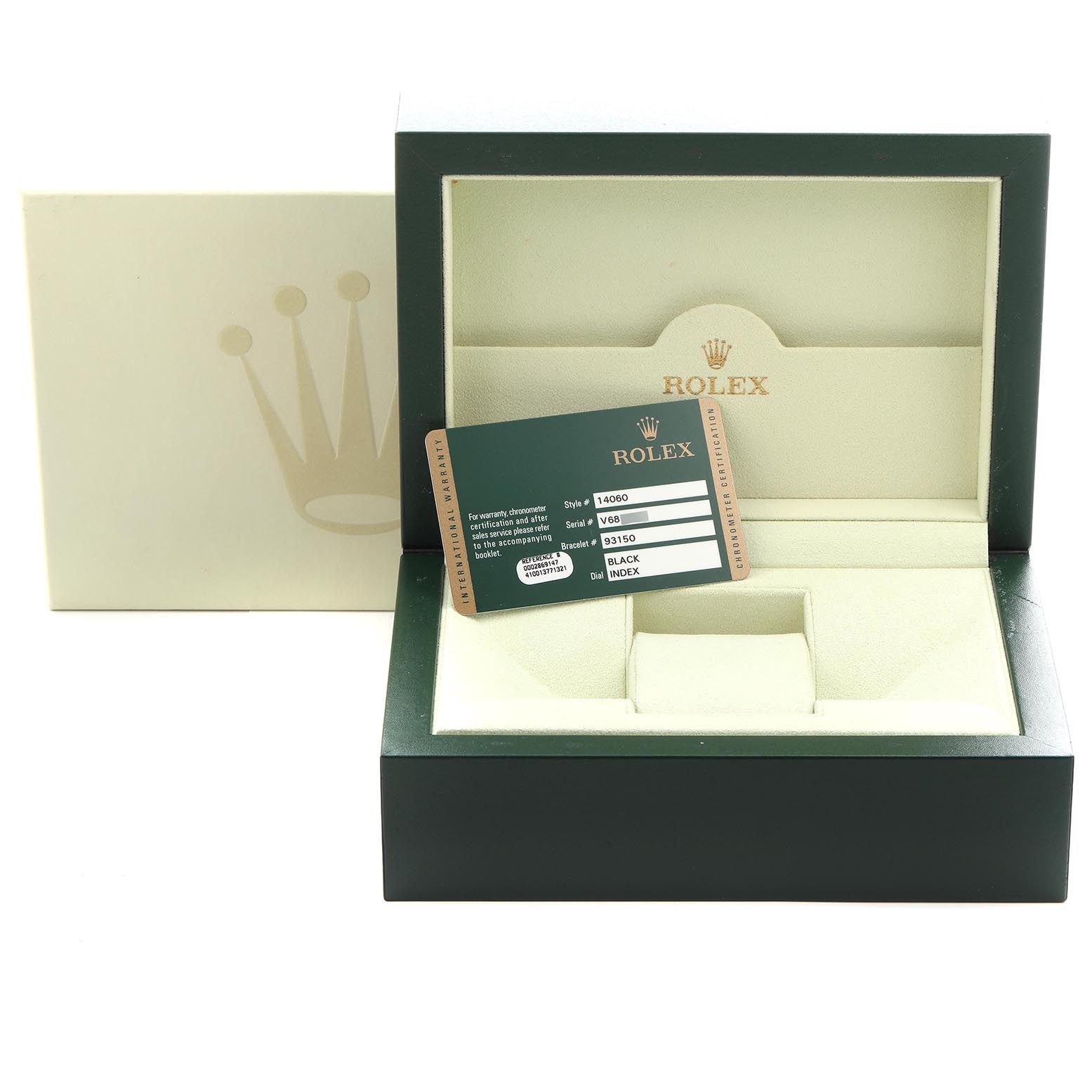 The image shows a Rolex Submariner 14060 Men's Stainless Steel Black Dial 14060 Men's Stainless Steel Black Dial watch box and documentation card, viewed from the front.