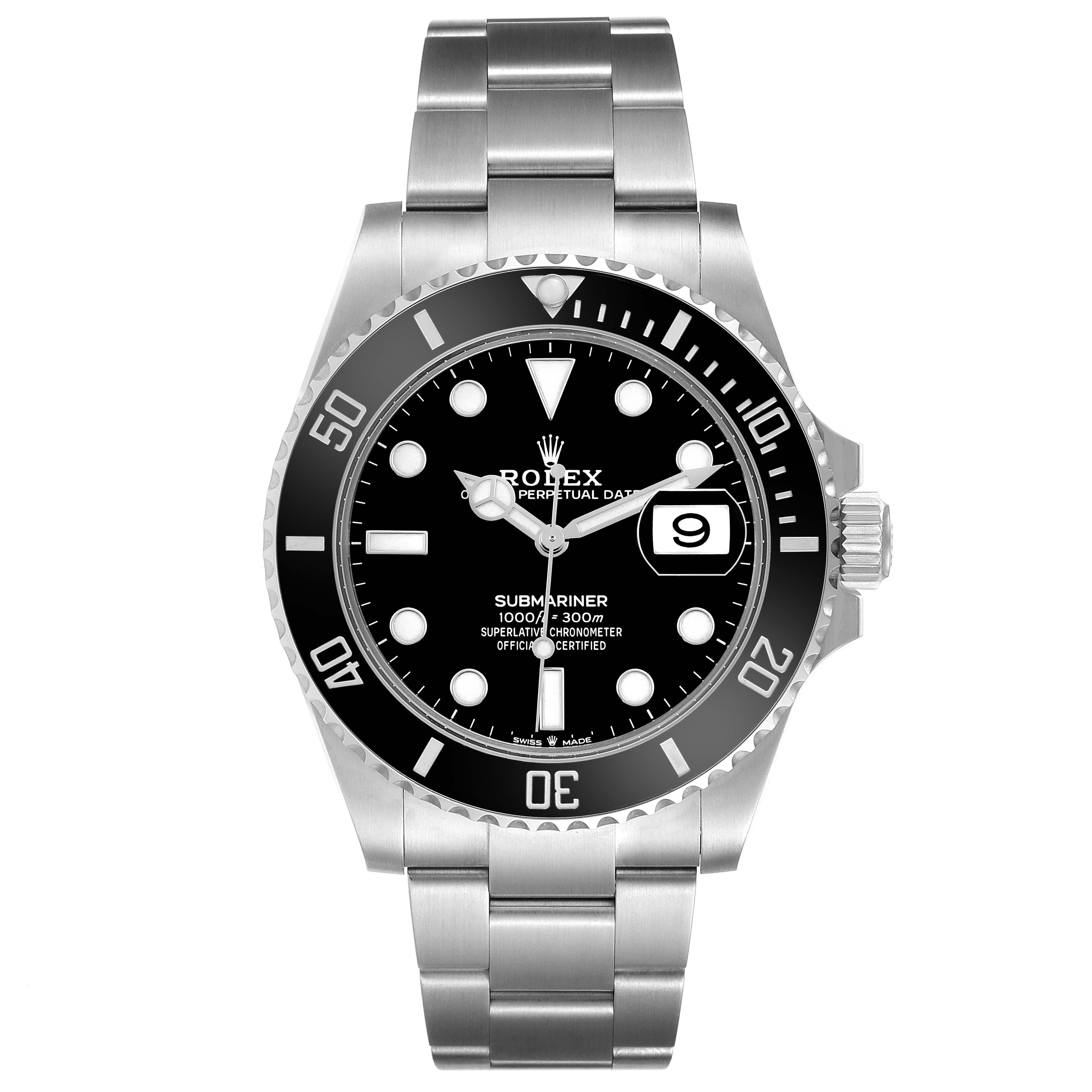 The Rolex Submariner M126610LN Men's Stainless Steel Black Dial watch is shown from the front, displaying the dial, bezel, bracelet, and crown.