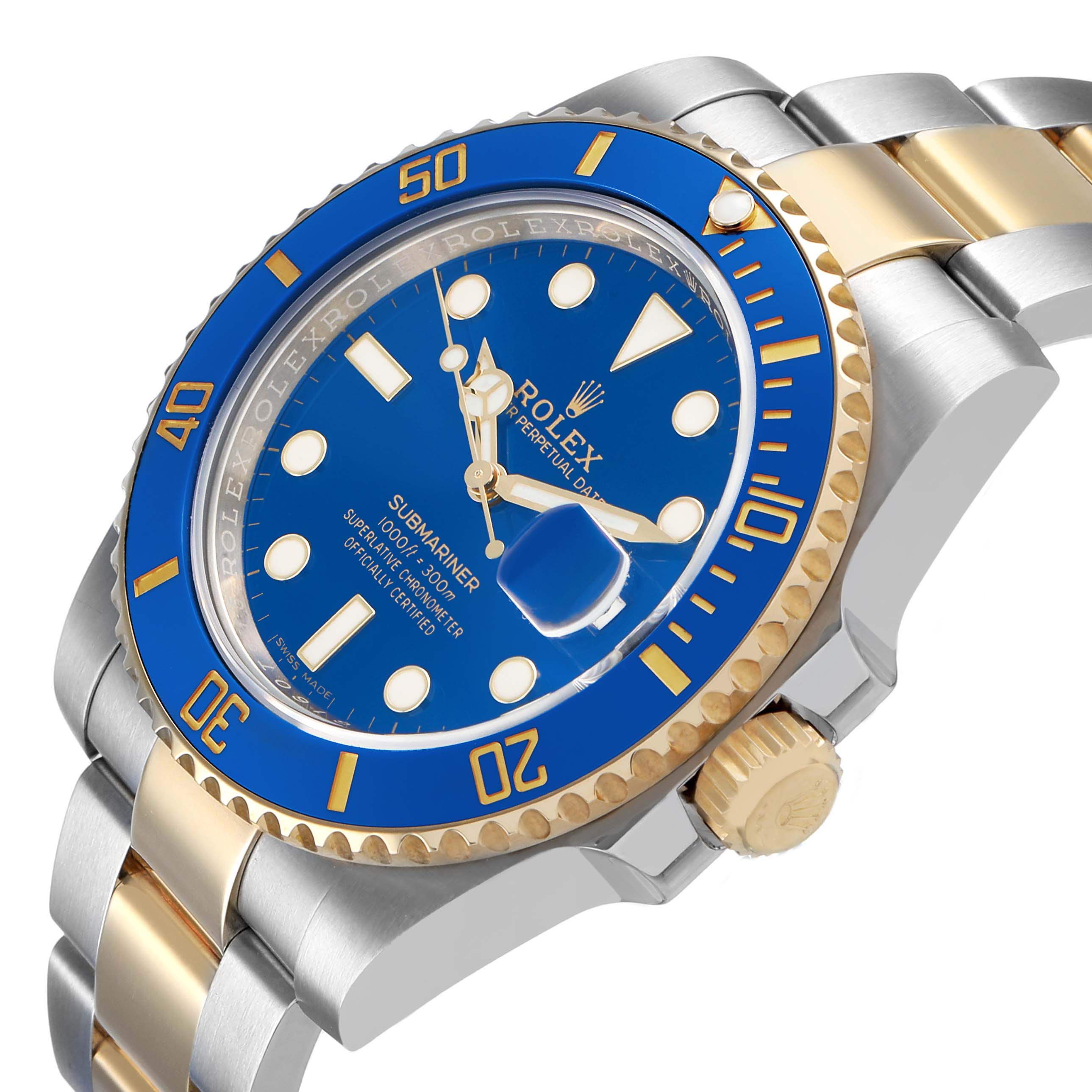 The Rolex Submariner 116613LB Men's Steel and Gold (two tone) Blue Dial watch is shown at an angled view, highlighting the blue dial, bezel, crown, and two-tone bracelet.