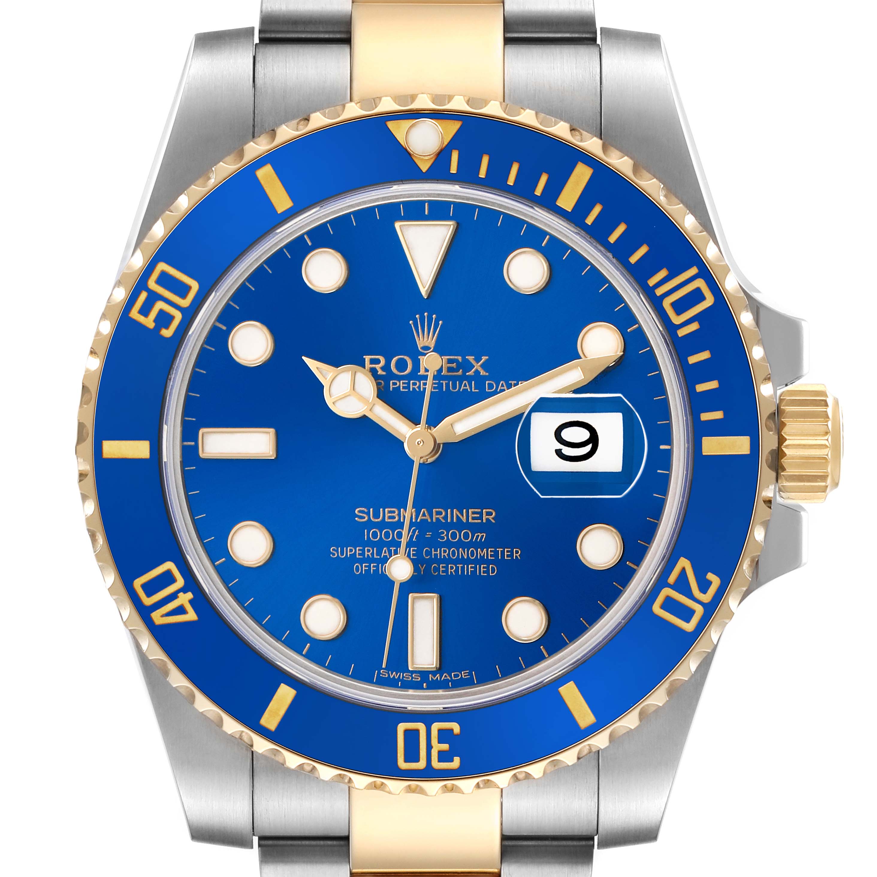 The Rolex Submariner 116613LB Men's Steel and Gold (two tone) Blue Dial watch is shown from a top-down angle, highlighting the face, bezel, and part of the bracelet.