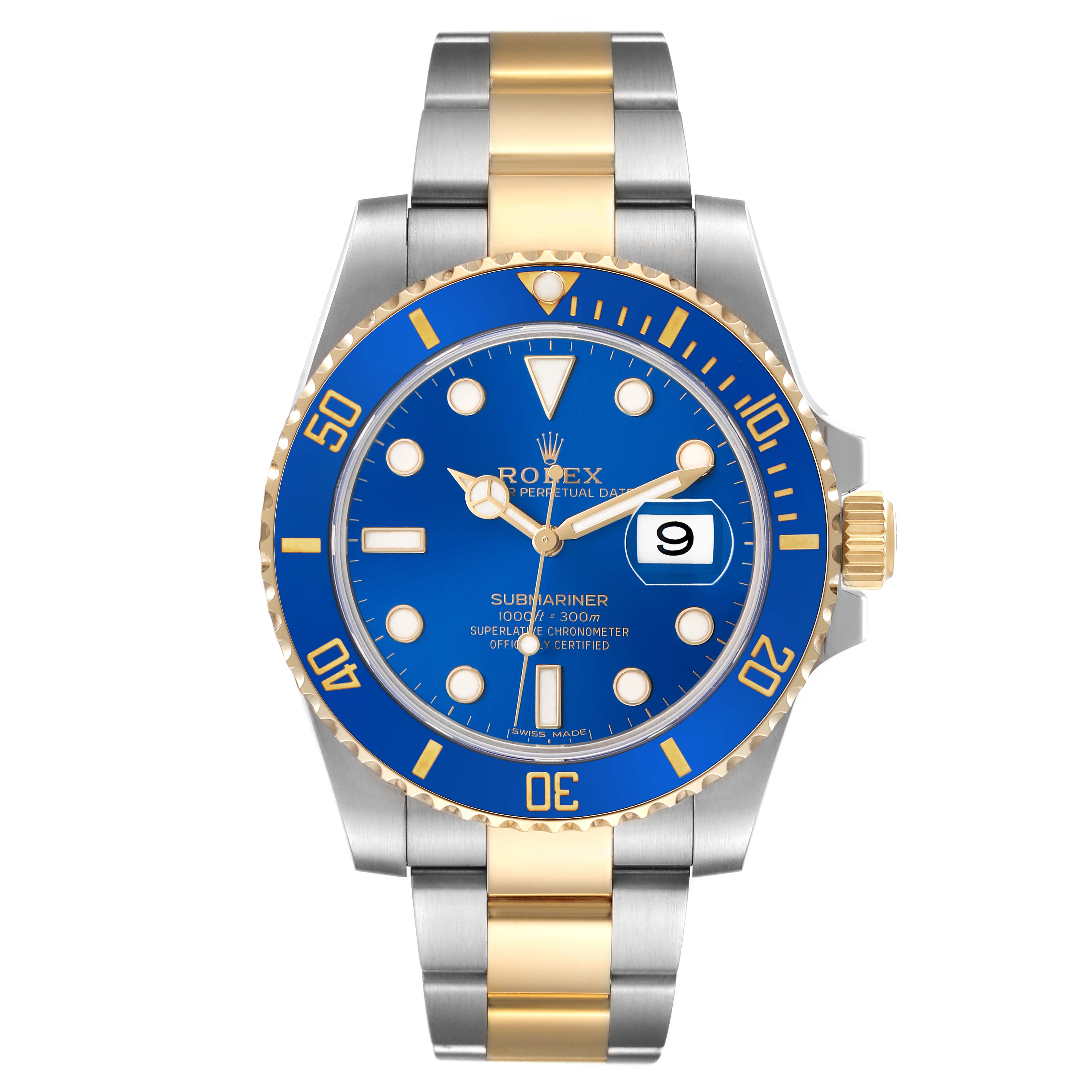 The Rolex Submariner 116613LB Men's Steel and Gold (two tone) Blue Dial watch is shown from the front, displaying the dial, bezel, case, crown, and bracelet.