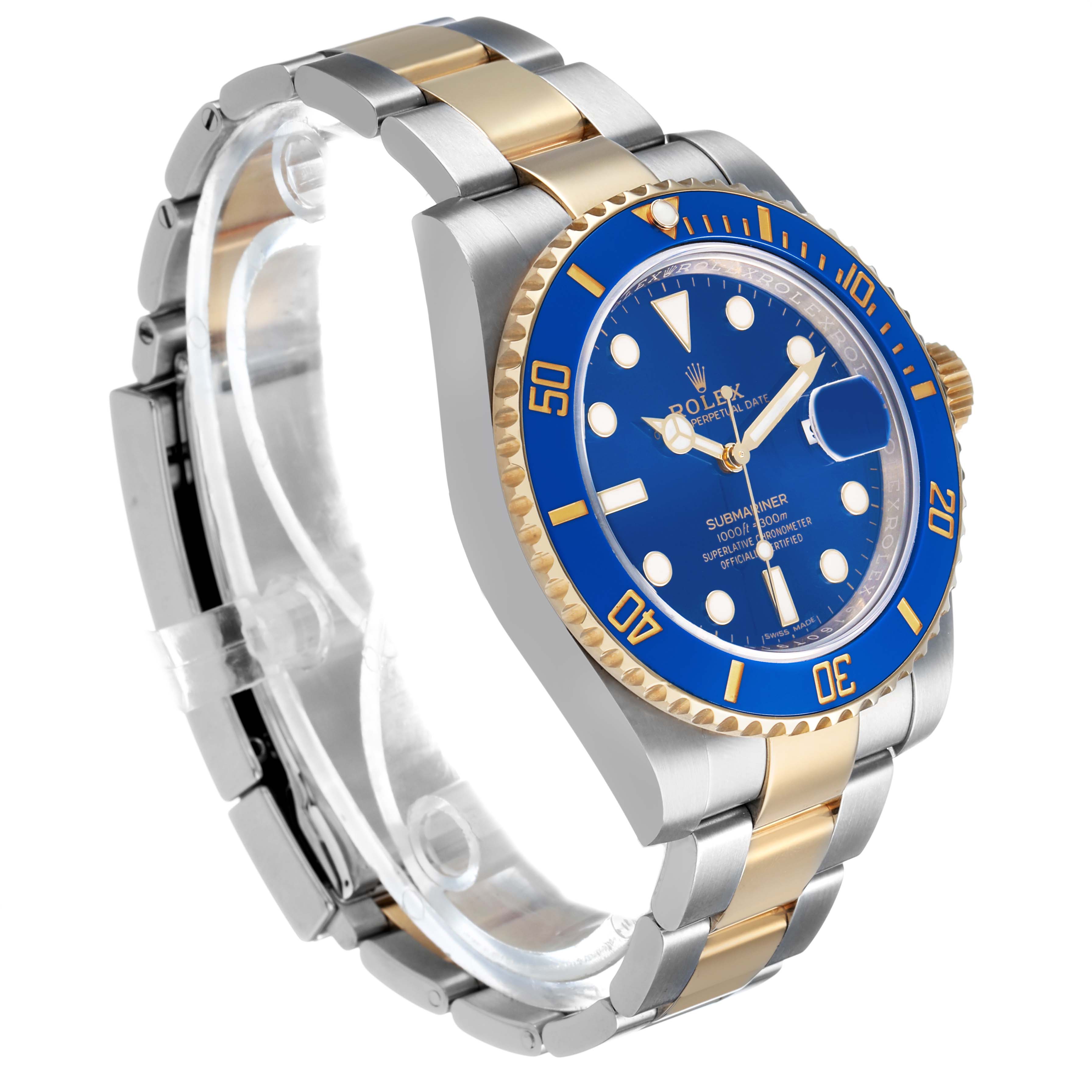 The Rolex Submariner 116613LB Men's Steel and Gold (two tone) Blue Dial is shown from a three-quarter view, highlighting the blue dial, bezel, and two-tone bracelet.