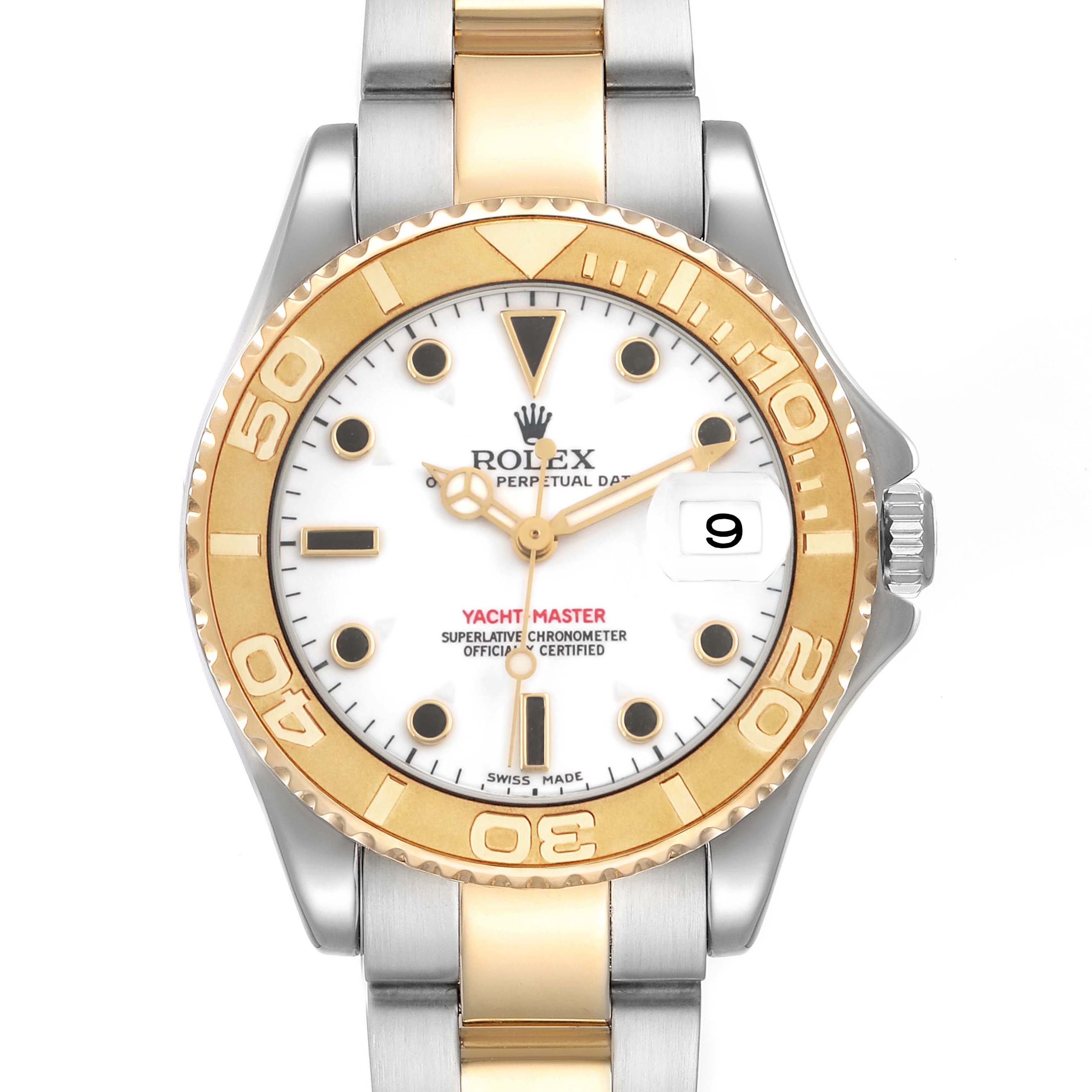 The Rolex Yacht-Master 168623 Men's Steel and Gold (two tone) White Dial watch is shown from the front, highlighting the bezel, dial, and bracelet.