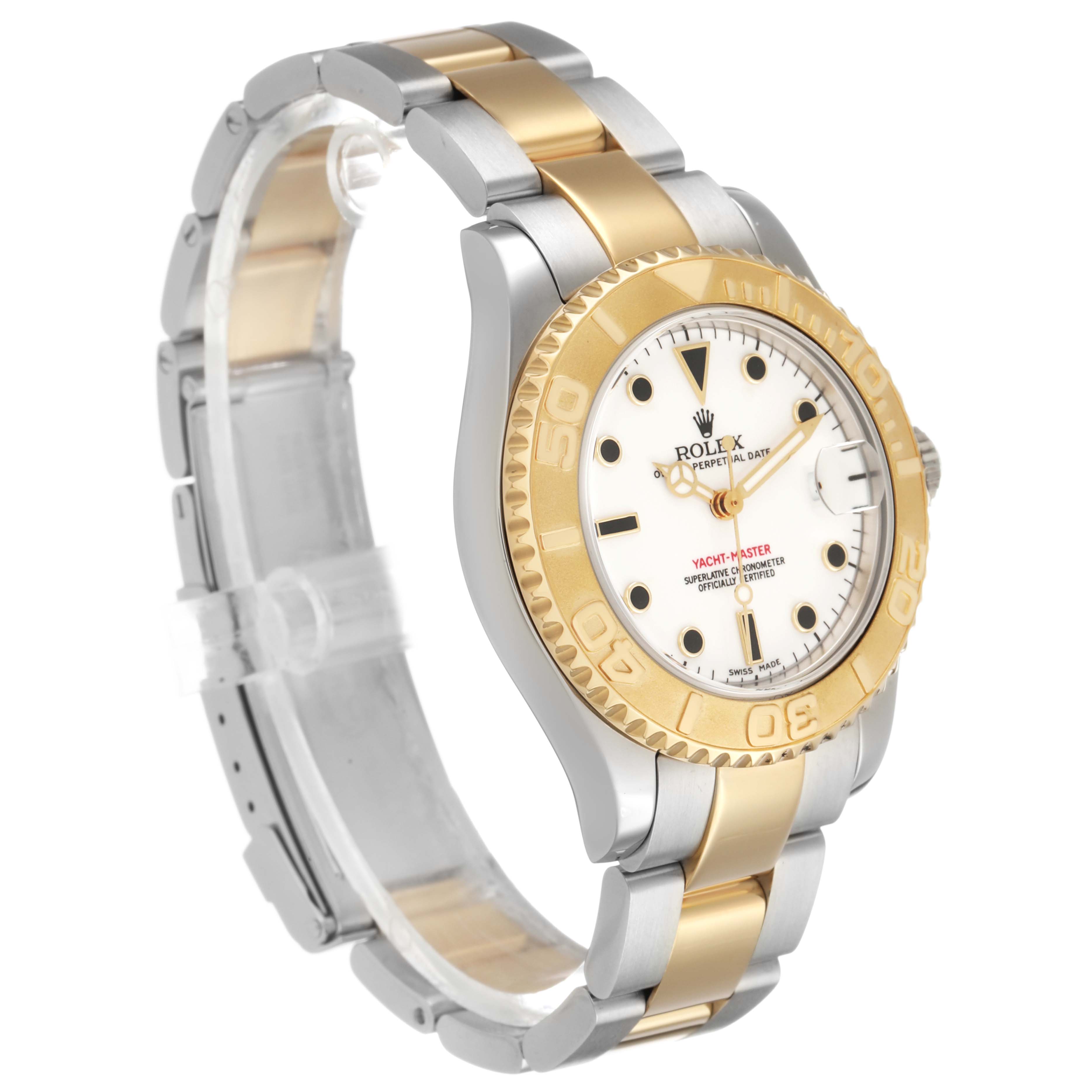 The Rolex Yacht-Master 168623 Men's Steel and Gold (two tone) White Dial watch is shown at a three-quarter angle, highlighting its gold bezel, white dial, and two-tone bracelet.