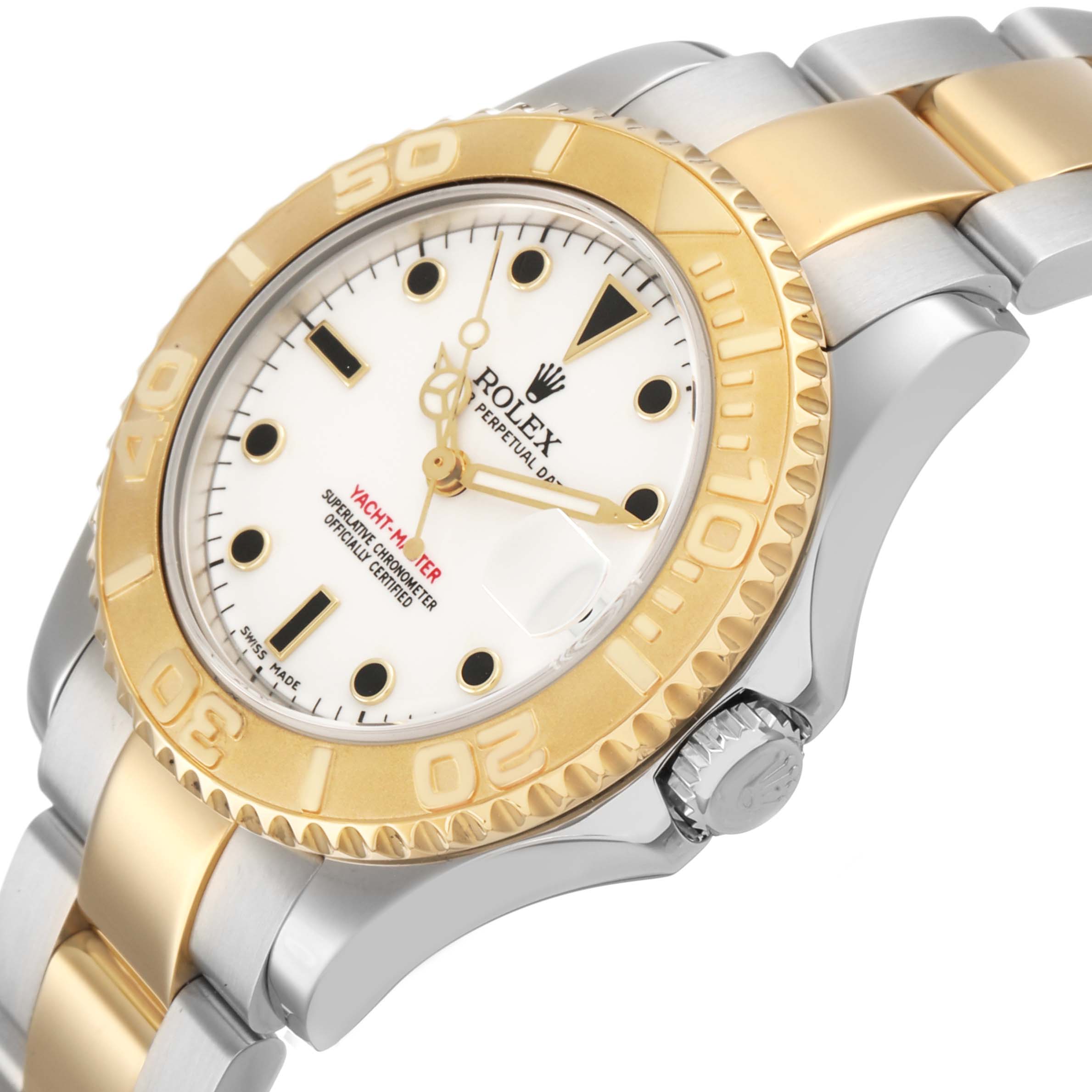 The Rolex Yacht-Master 168623 Men's Steel and Gold (two tone) White Dial watch is shown at a side angle, highlighting the bezel, dial, and bracelet.